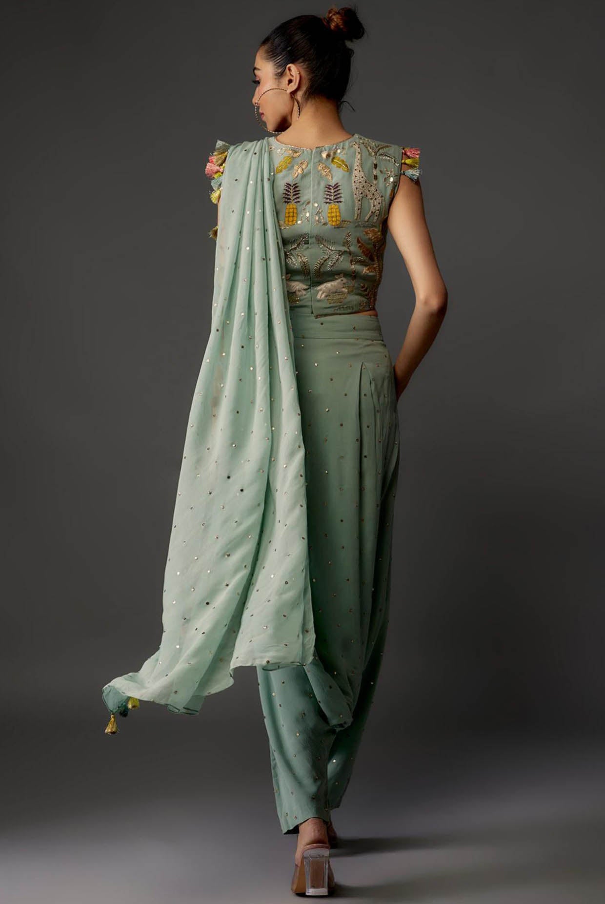 Powder Blue Embroidered Choli And Low Crotch With Attached Drape