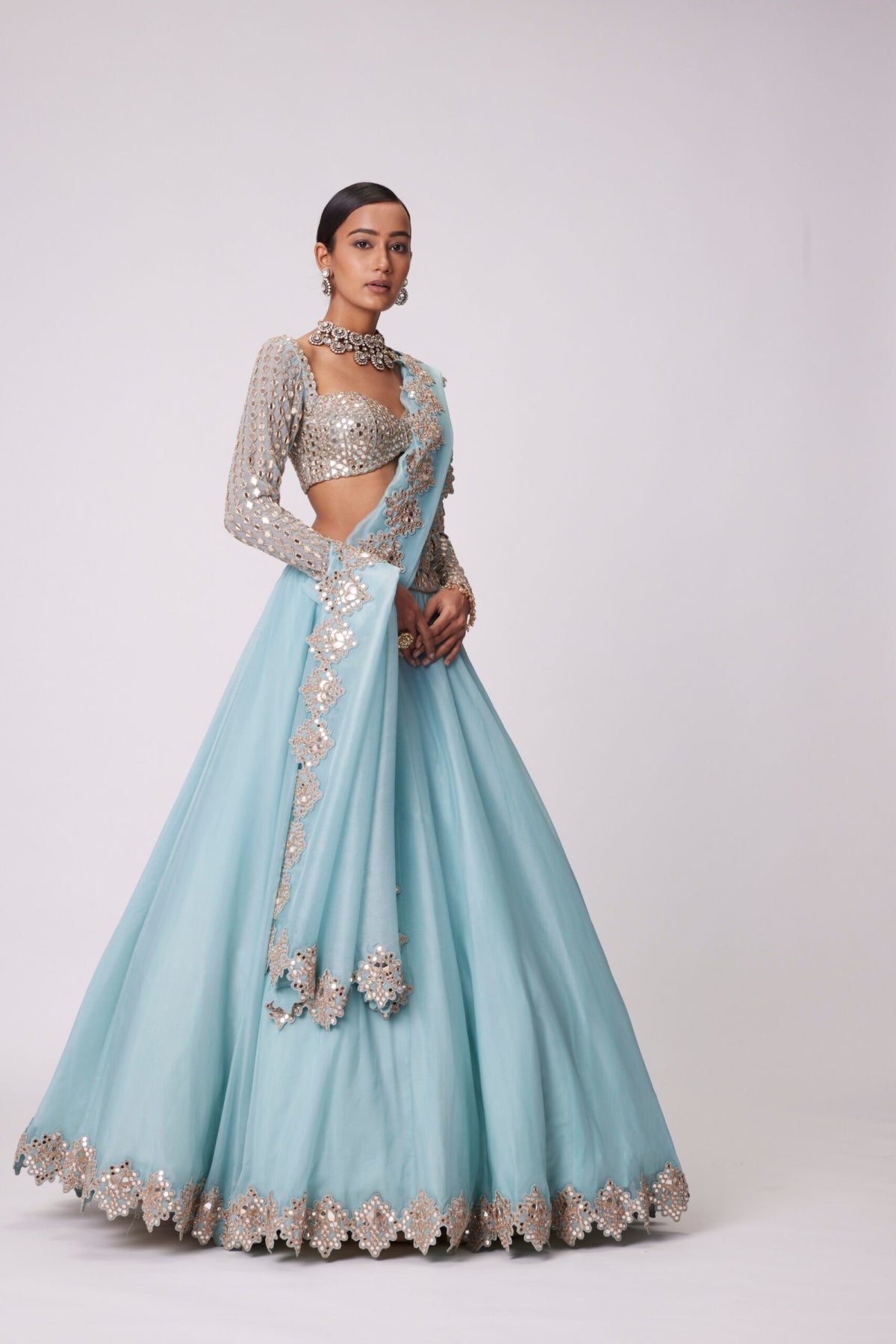 Powder Blue Organza Mirror Embroidered Lehenga Set- Ready to ship