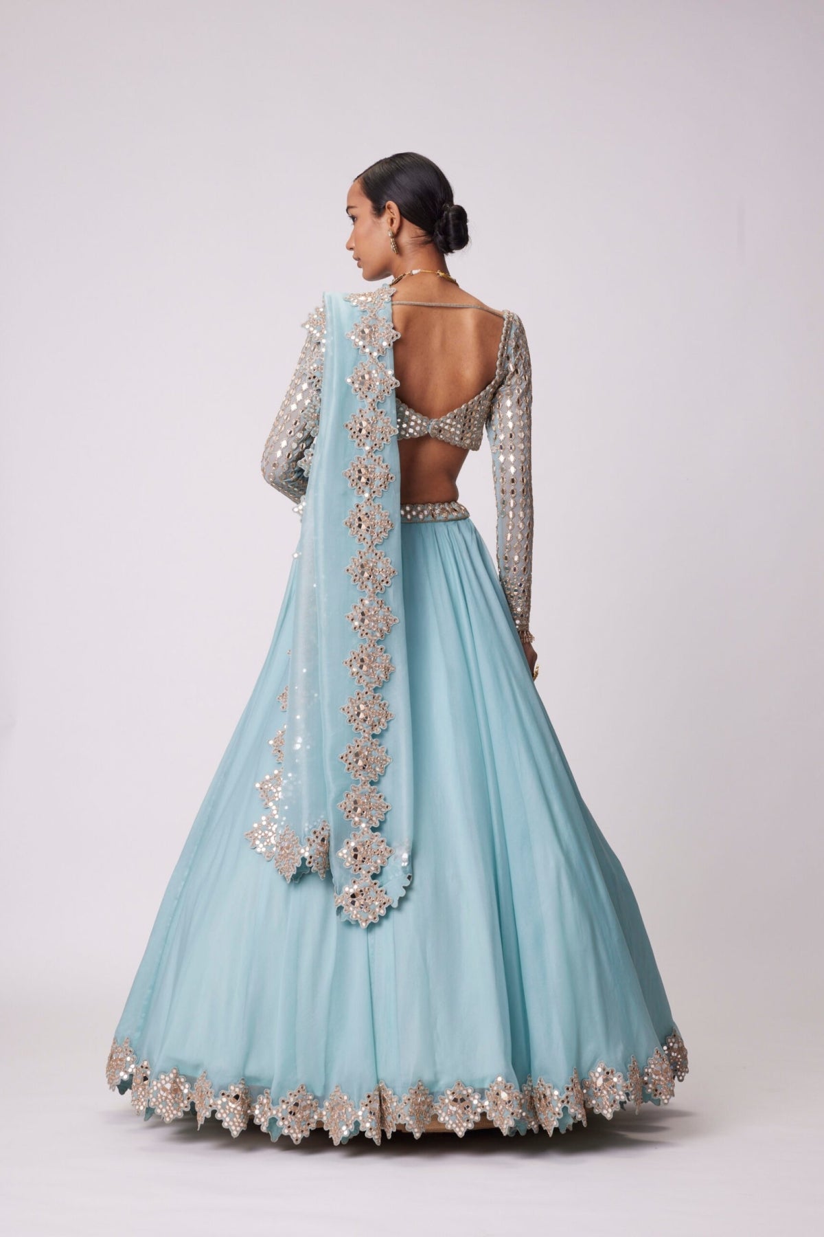 Powder Blue Organza Mirror Embroidered Lehenga Set- Ready to ship