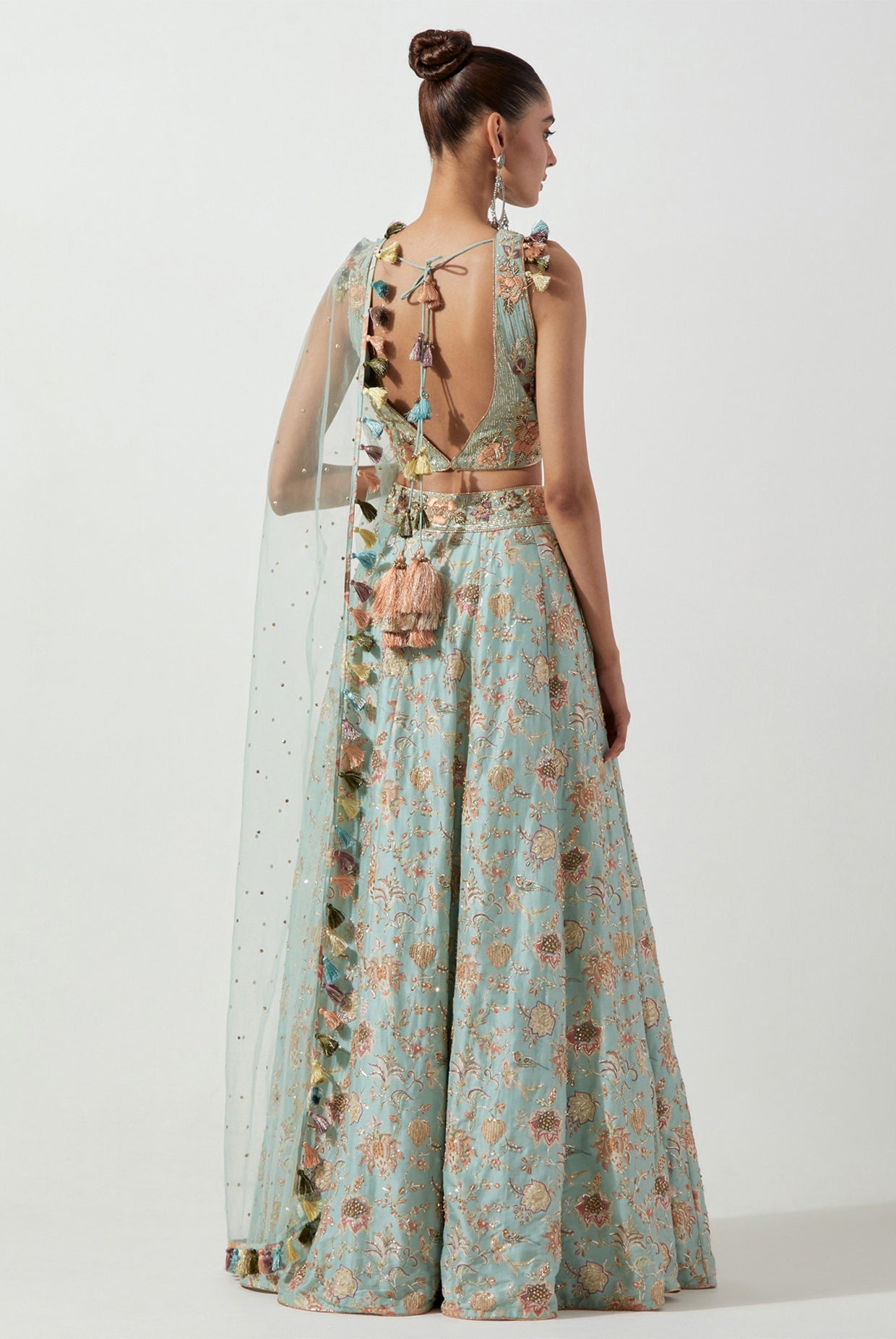 POWDER BLUE PRINTED CHOLI AND LEHENGA WITH MUKAISH NET DUPATTA