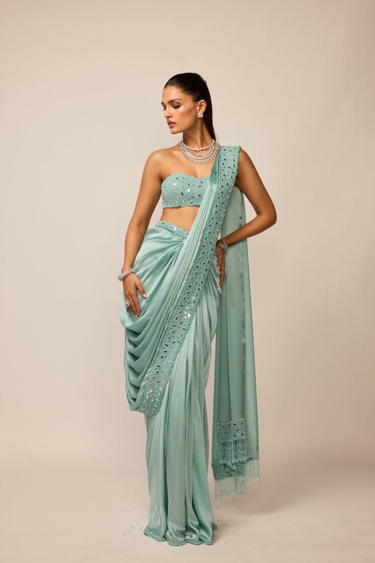 Powder Blue Satin Draped Saree Set