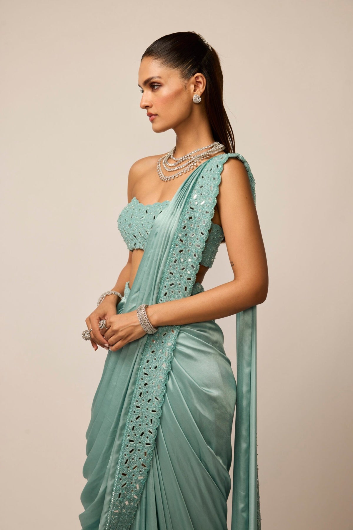 Powder Blue Satin Draped Saree Set