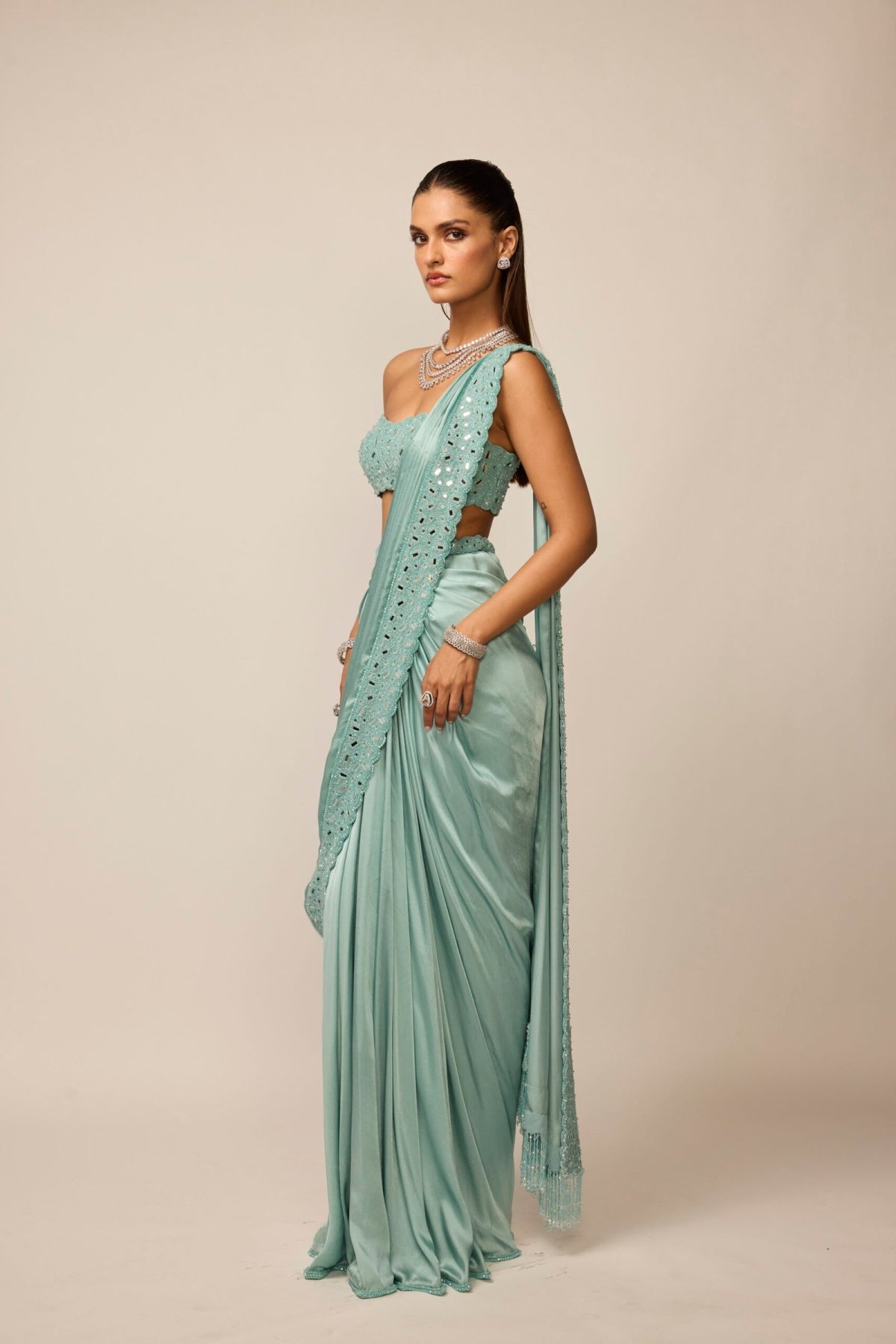 Powder Blue Satin Draped Saree Set