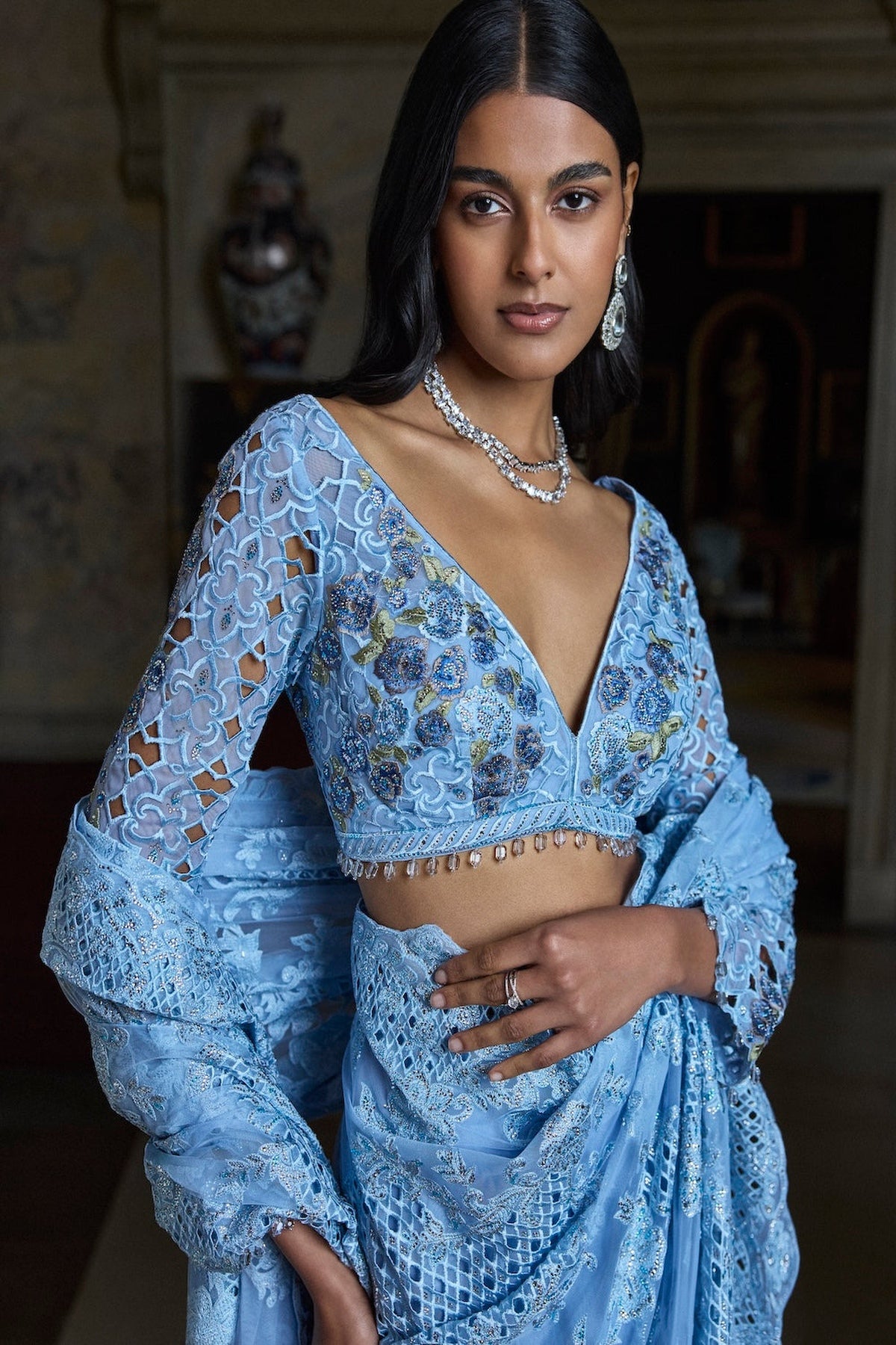 Powder Blue Thread Work Saree