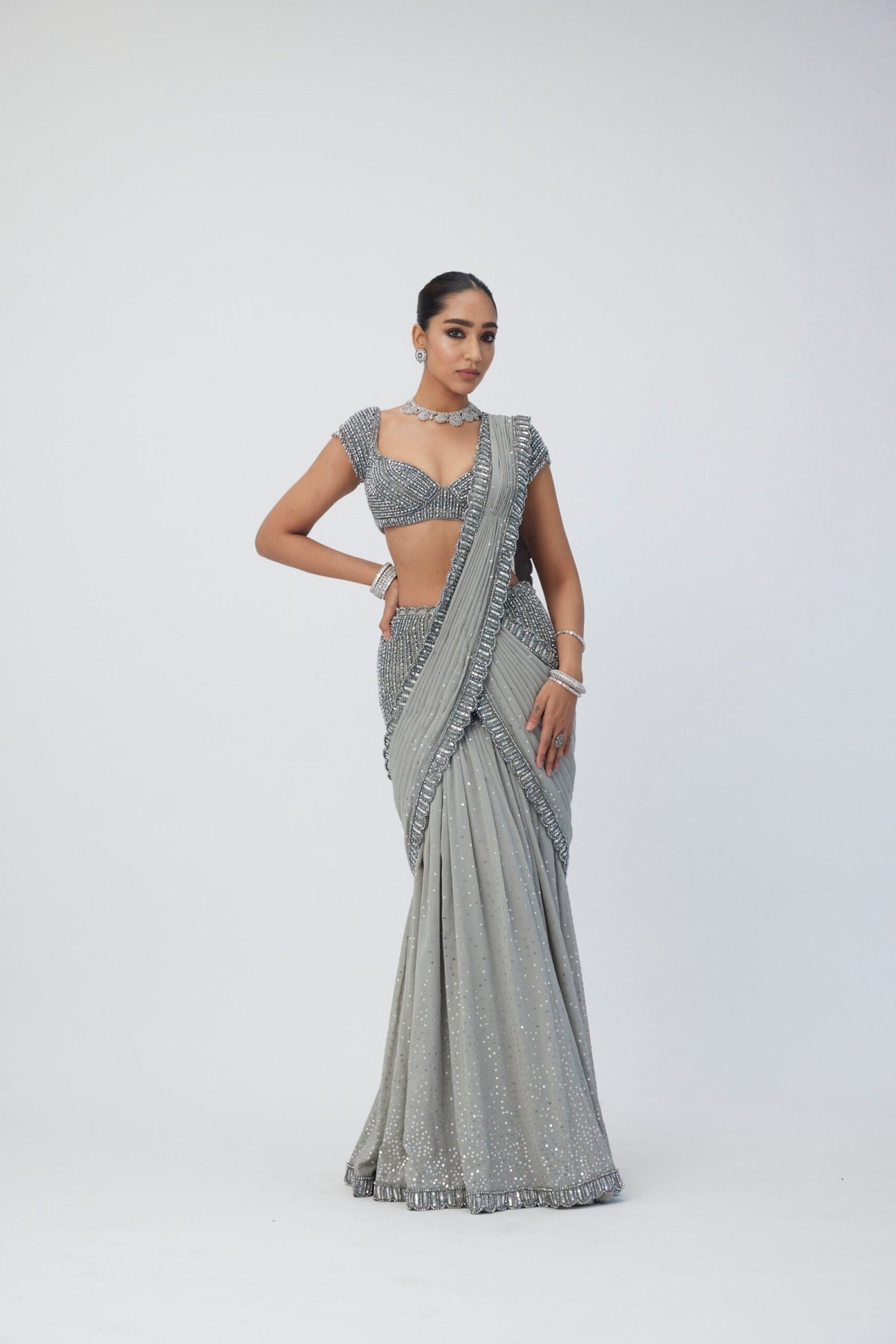 Crystal Grey Pre Draped Saree Set- Ready to ship
