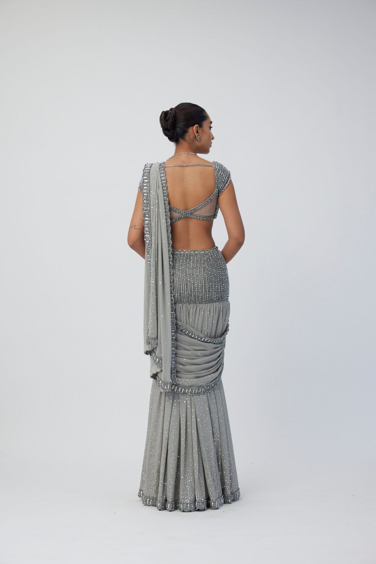 Crystal Grey Pre Draped Saree Set- Ready to ship