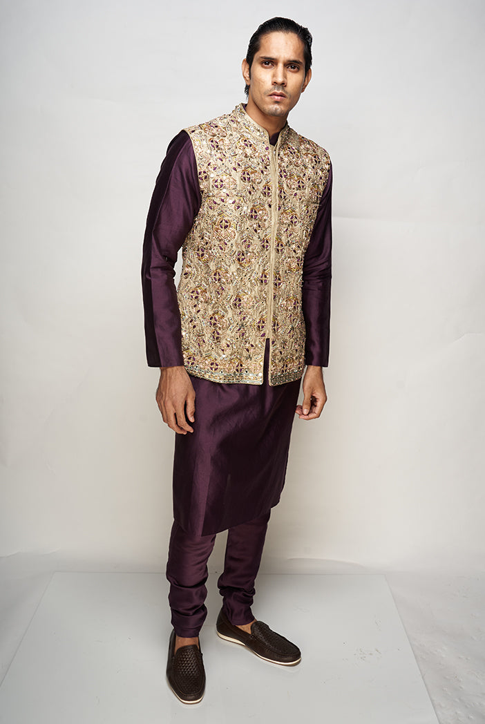 PS MEN SIKANDER OLIVE COLOUR EMBROIDERED BANDI WITH PURPLE COLOUR KURTA AND CHURIDAR