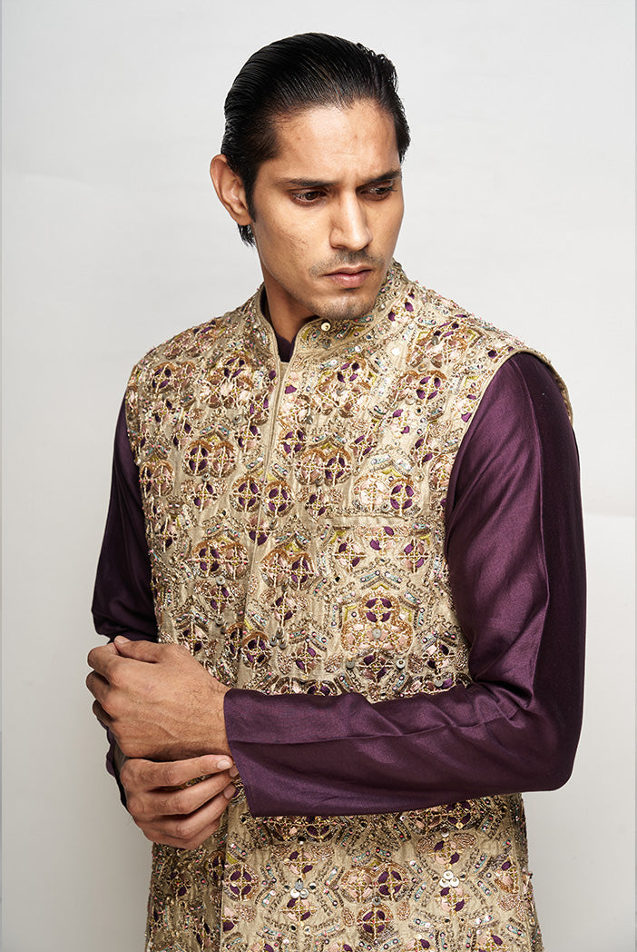 PS MEN SIKANDER OLIVE COLOUR EMBROIDERED BANDI WITH PURPLE COLOUR KURTA AND CHURIDAR