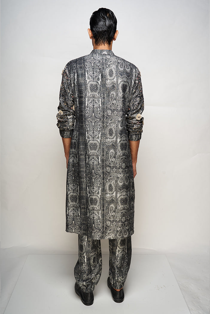 PS MEN YAZIR PRINTED DUPION SILK EMBROIDERED JOGGER KURTA WITH JOGGER PANTS