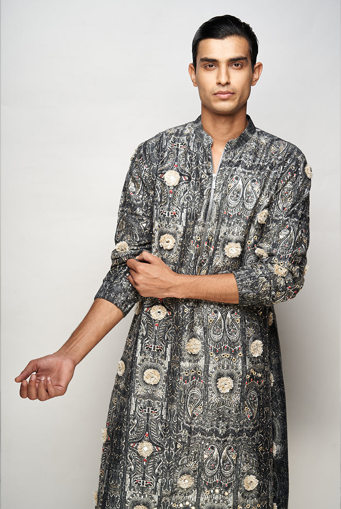 PS MEN YAZIR PRINTED DUPION SILK EMBROIDERED JOGGER KURTA WITH JOGGER PANTS