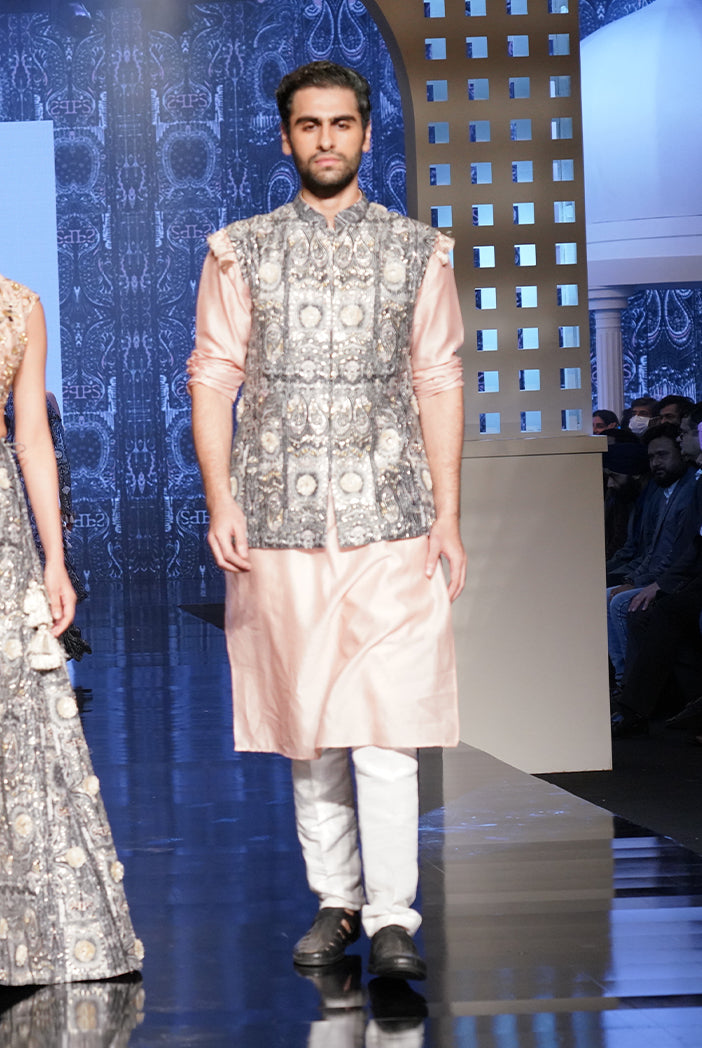 PS MEN ZAFAR PRINTED DUPION SILK EMBROIDERED BANDI WITH ROSE PINK COLOUR KURTA AND OFF WHITE COLOUR BREACHES PANTS