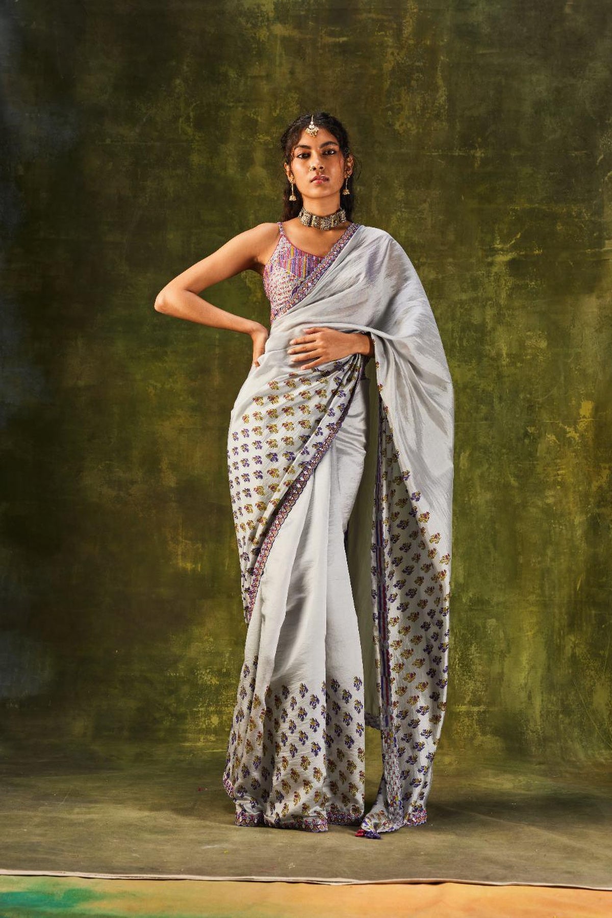 Grey Printed Cutwork Saree With Strappy Blouse