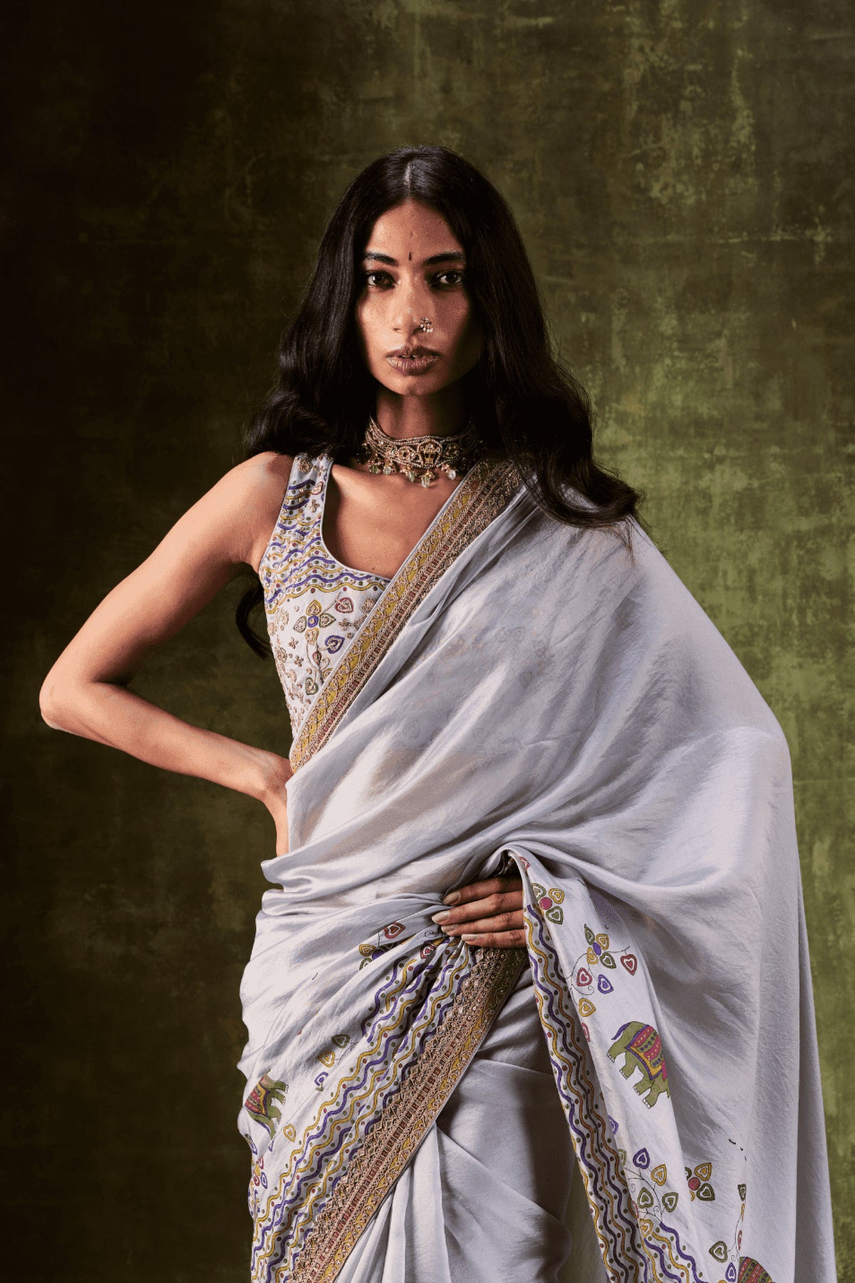Grey Printed Dori & Zardozi Work Saree