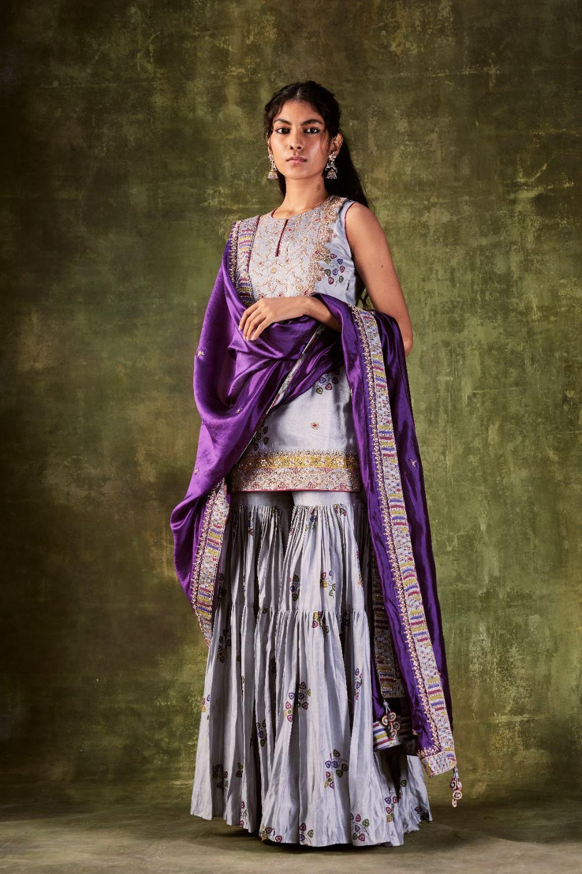 Grey Printed Kurti Paired With Gharara & Dupatta