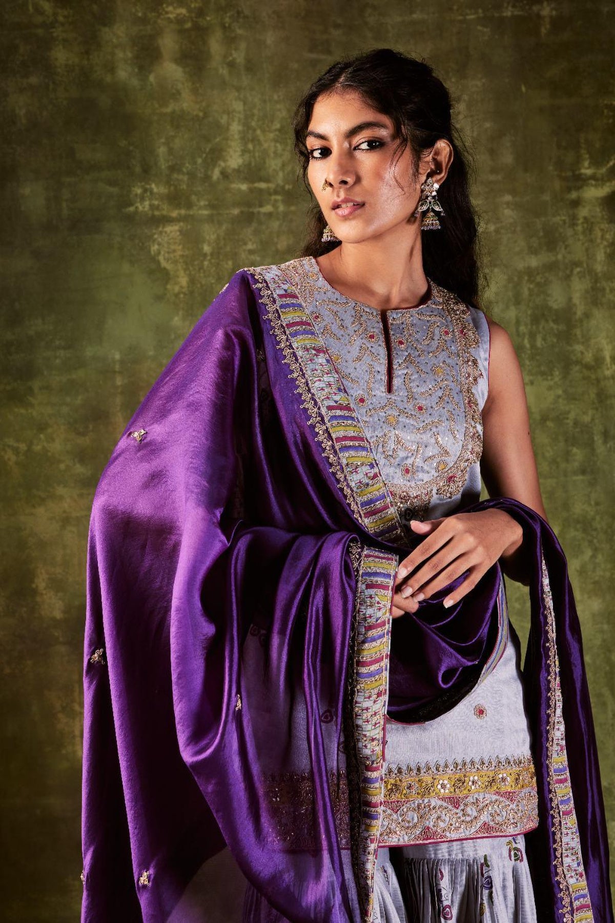 Grey Printed Kurti Paired With Gharara & Dupatta