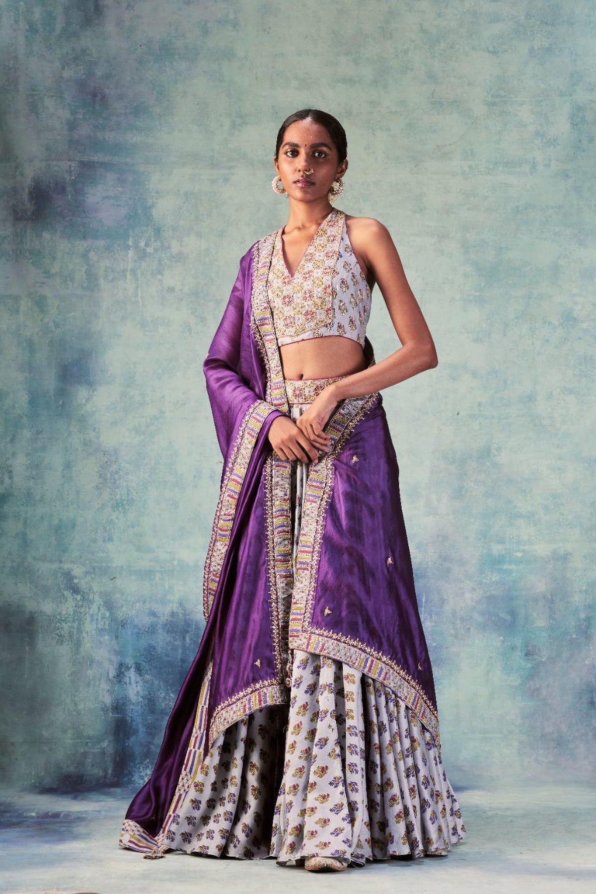 Grey Printed Lehenga Paired With Halter Neck Blouse & Dupatta