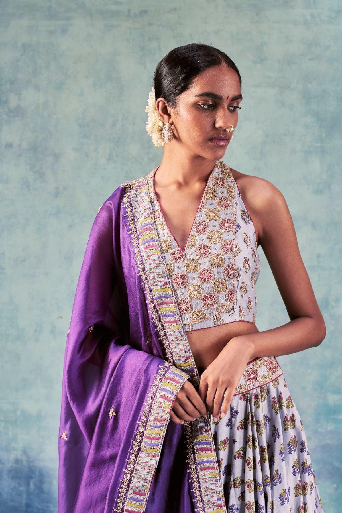 Grey Printed Lehenga Paired With Halter Neck Blouse & Dupatta