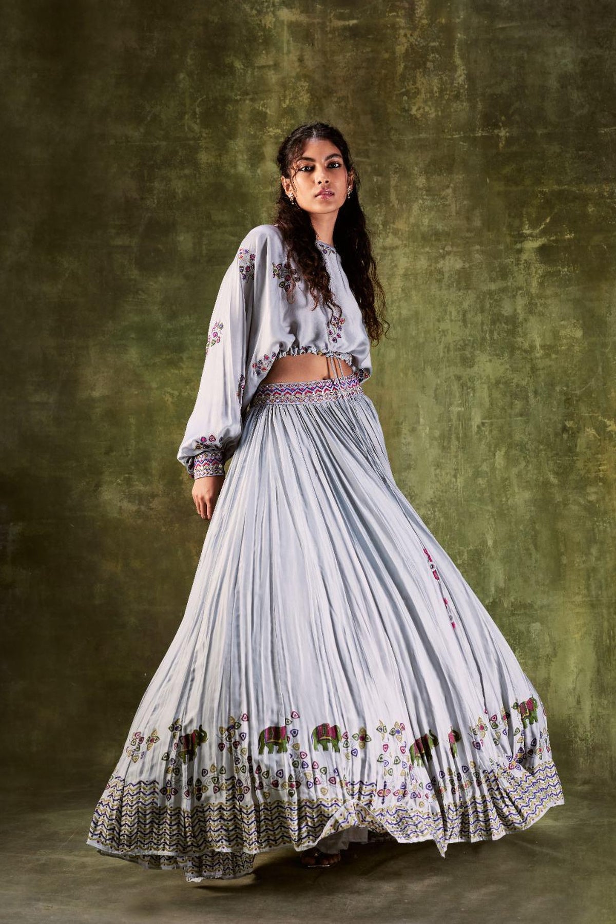 Grey Satin Silk Loose Top With Crush Skirt