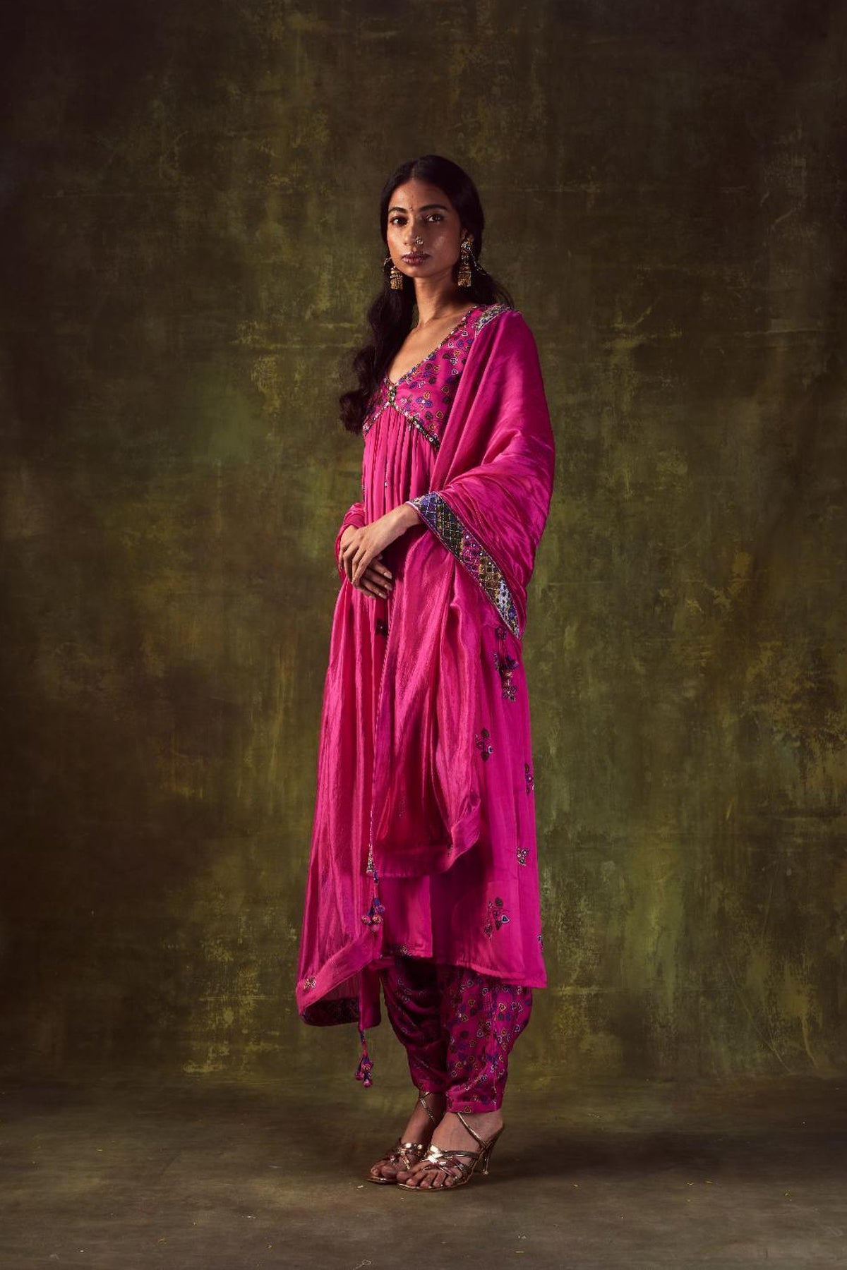 Pink Printed Anarkali & Cowl Pants