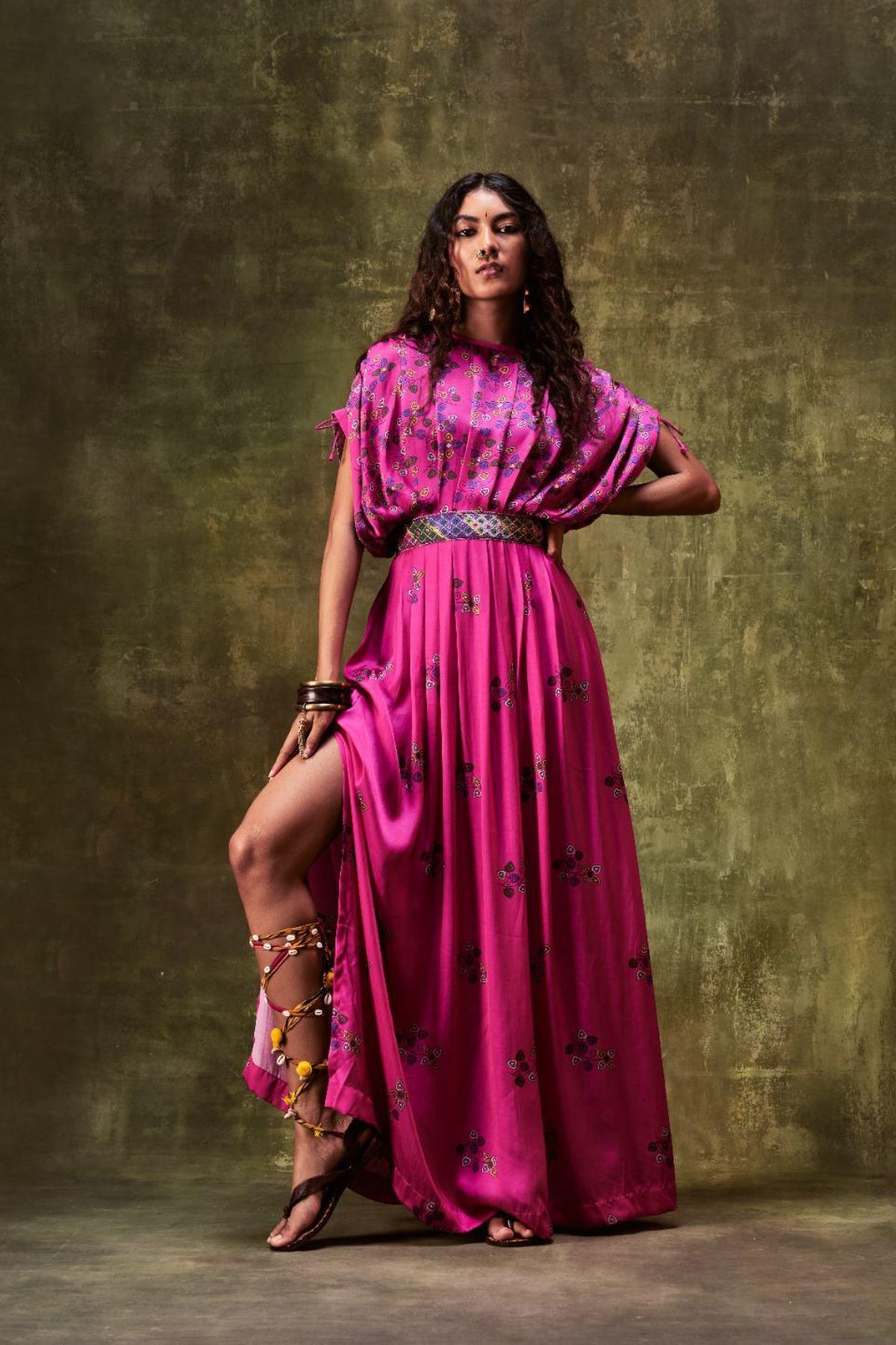 Pink Printed Waistbelt Dress