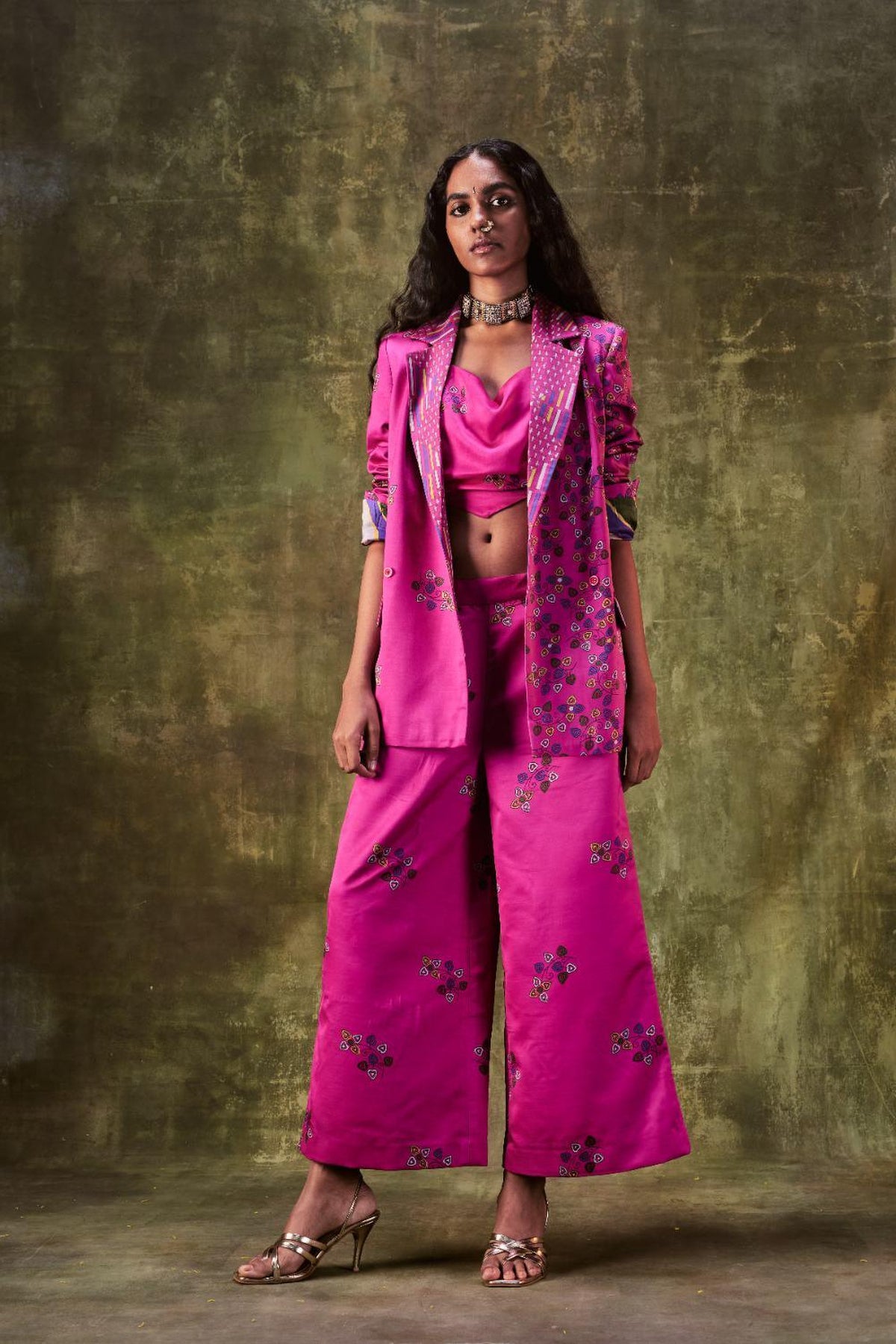 Printed Jacket With Cowl Neck Top Paired With Wide Leg Pants