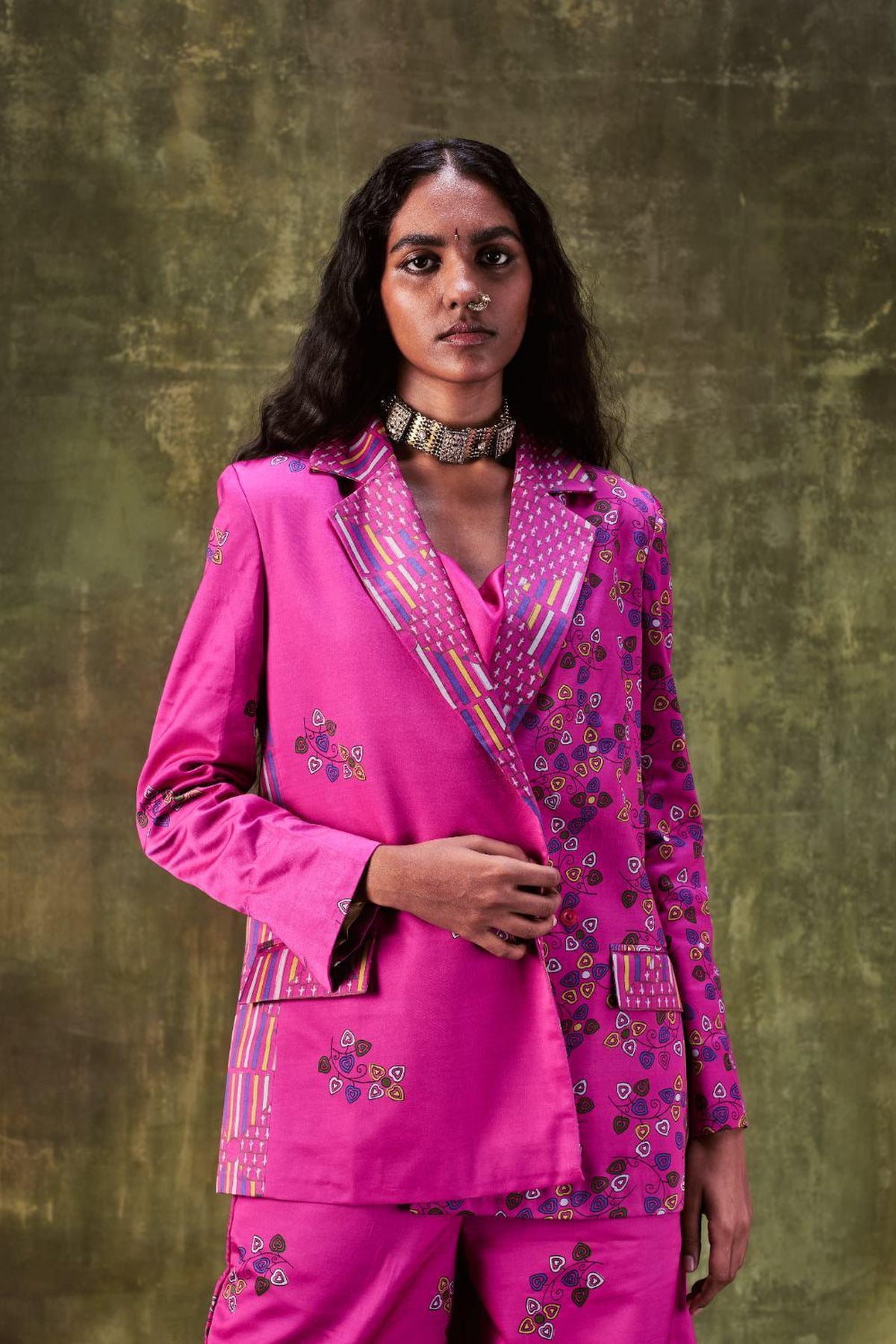 Printed Jacket With Cowl Neck Top Paired With Wide Leg Pants