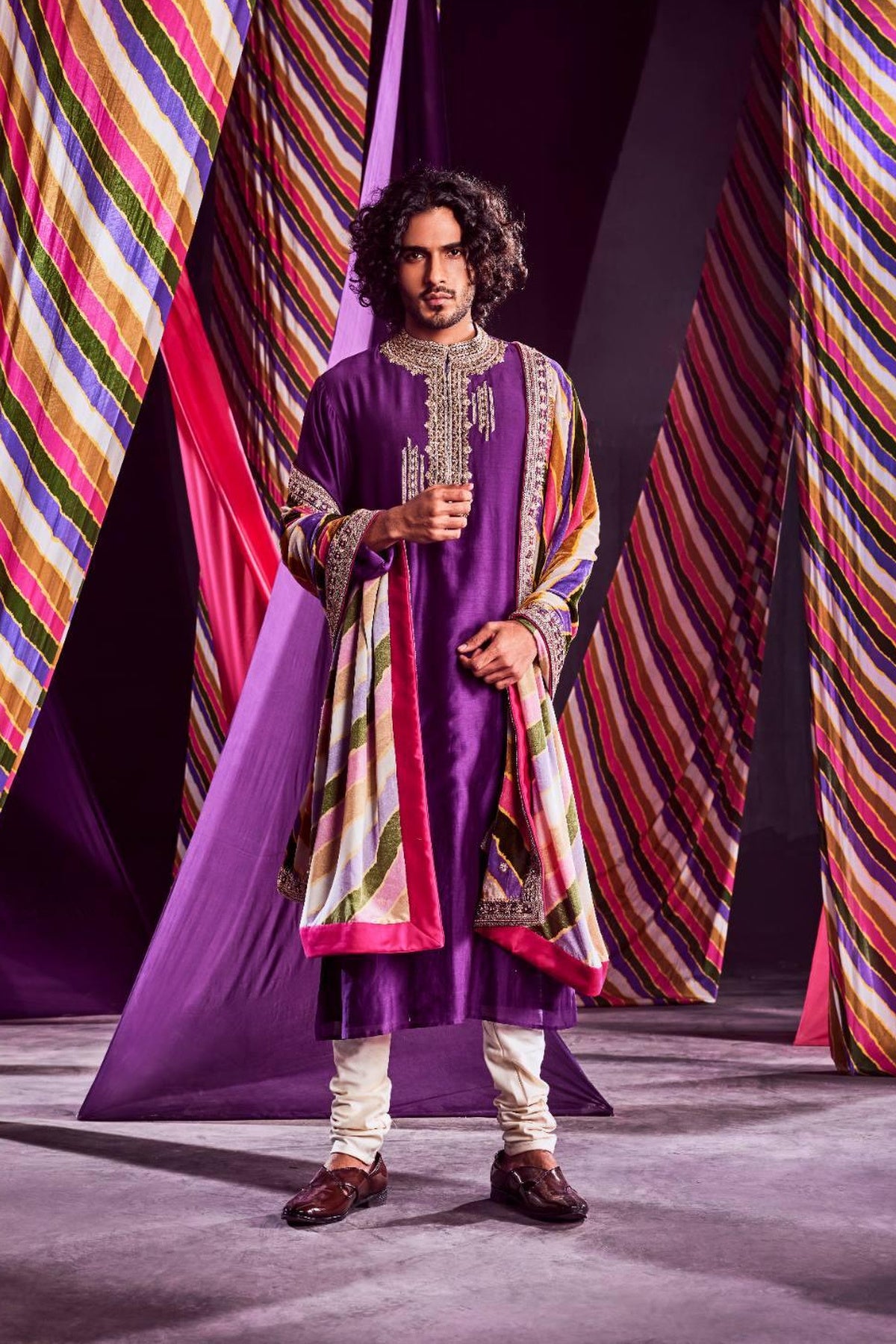 Purple Heavy Kurta With Stripes Dushala & Churidar