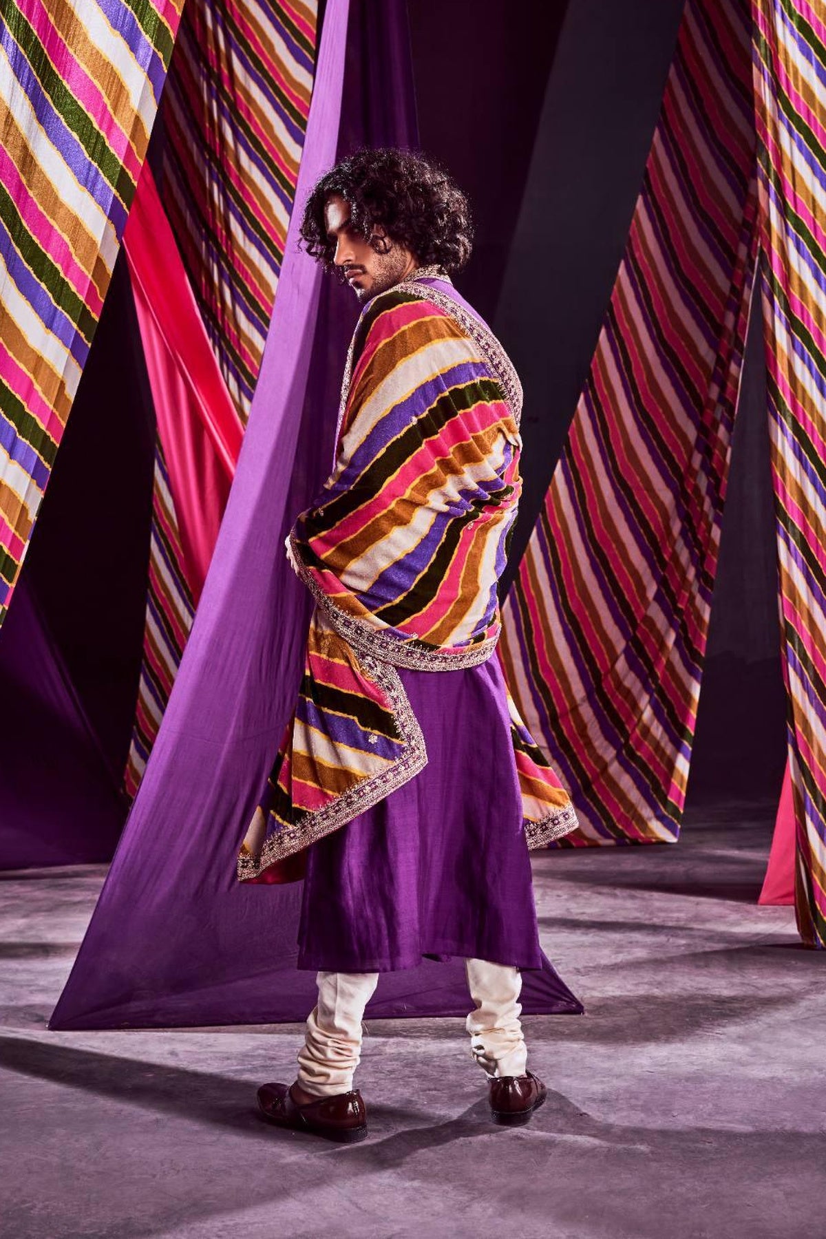 Purple Heavy Kurta With Stripes Dushala & Churidar