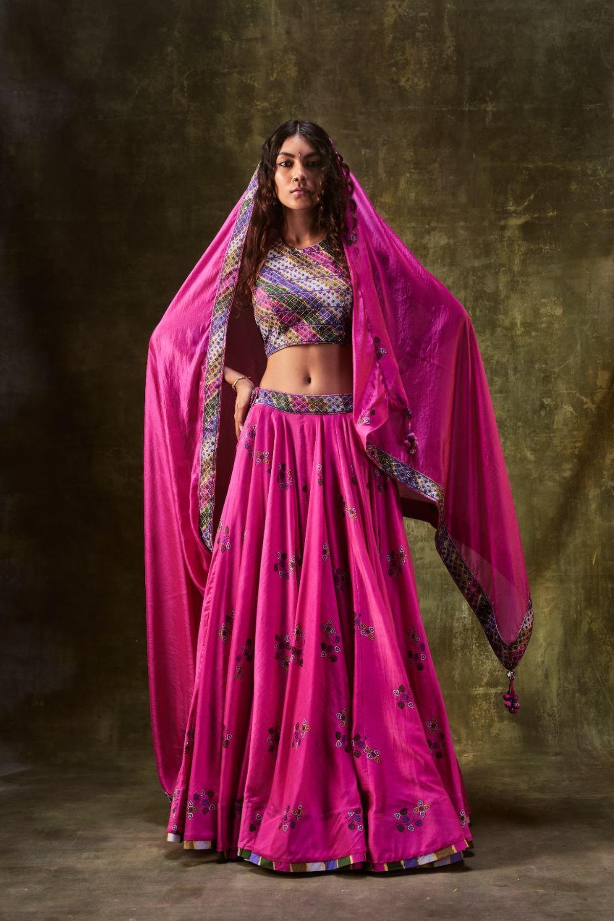 Rani Pink Printed Lehenga Set With Blouse & Dupatta