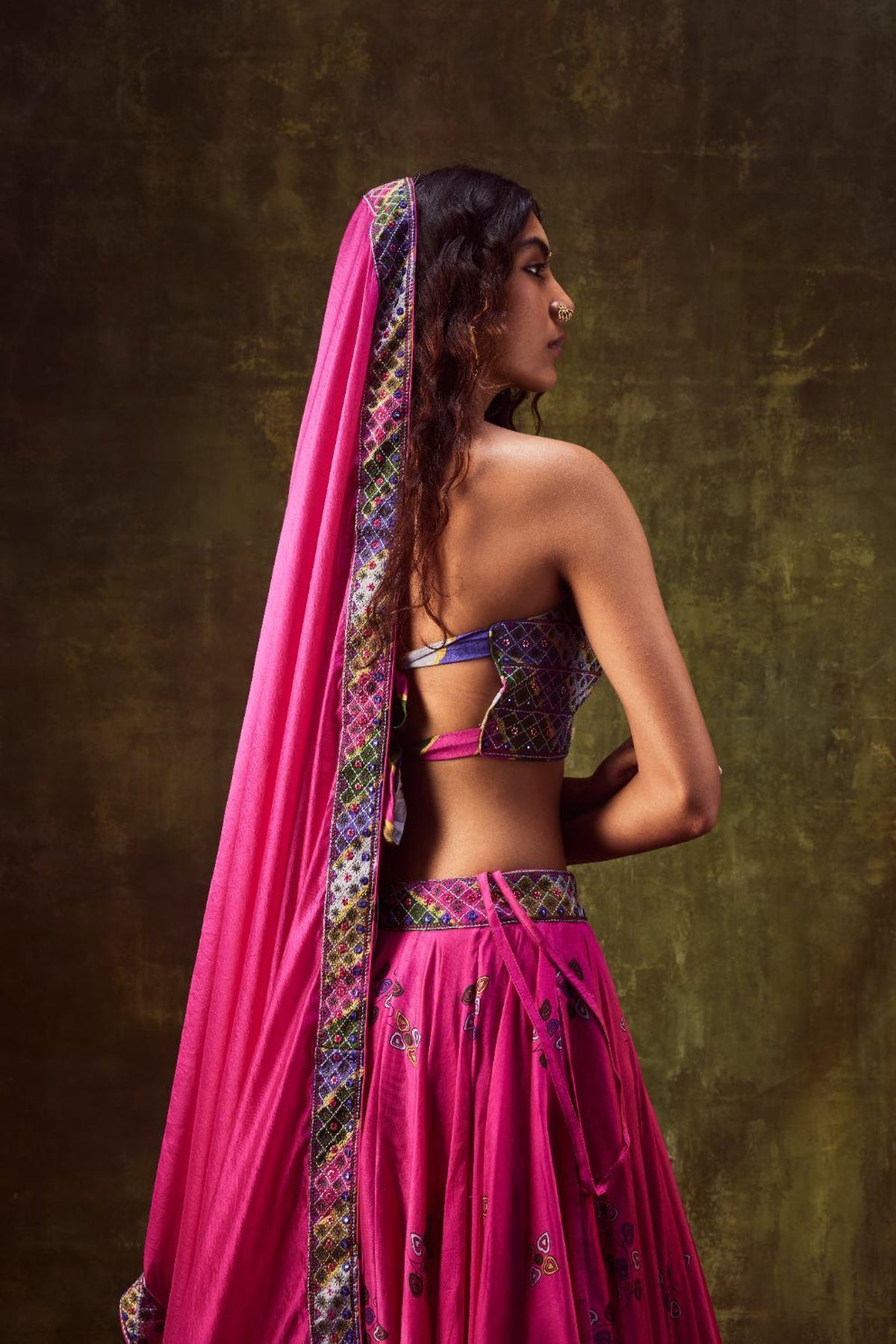Rani Pink Printed Lehenga Set With Blouse & Dupatta