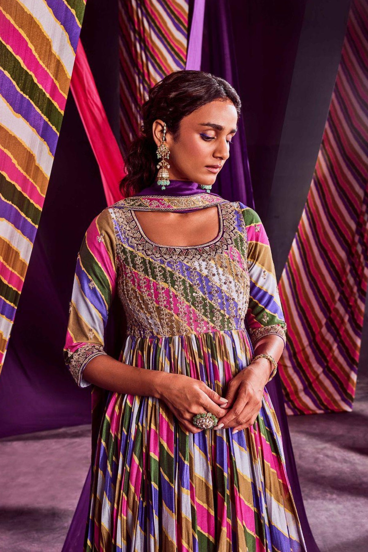Stripes Printed Heavy Anarkali With Dupatta & Churidar
