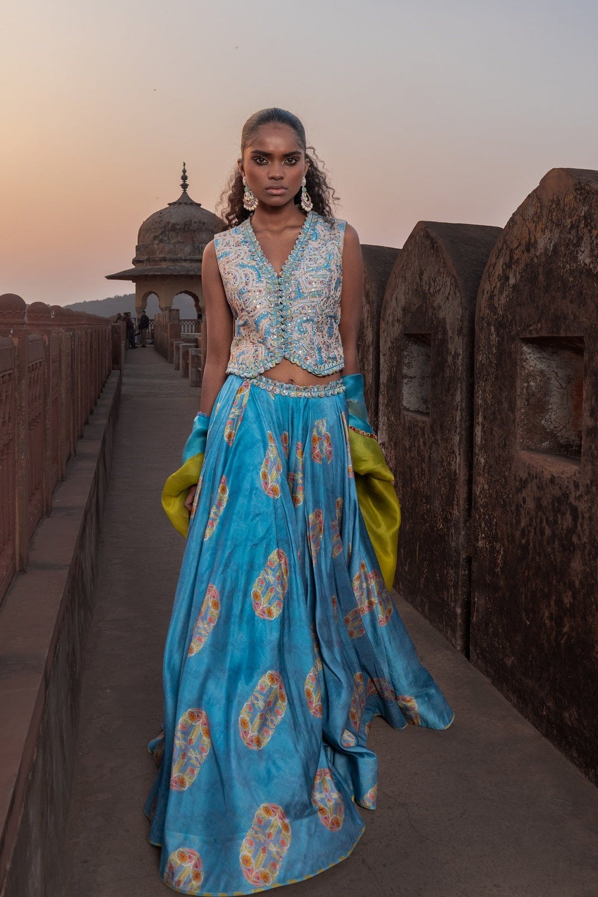 Mist Blue Waistcoat Lehenga Set