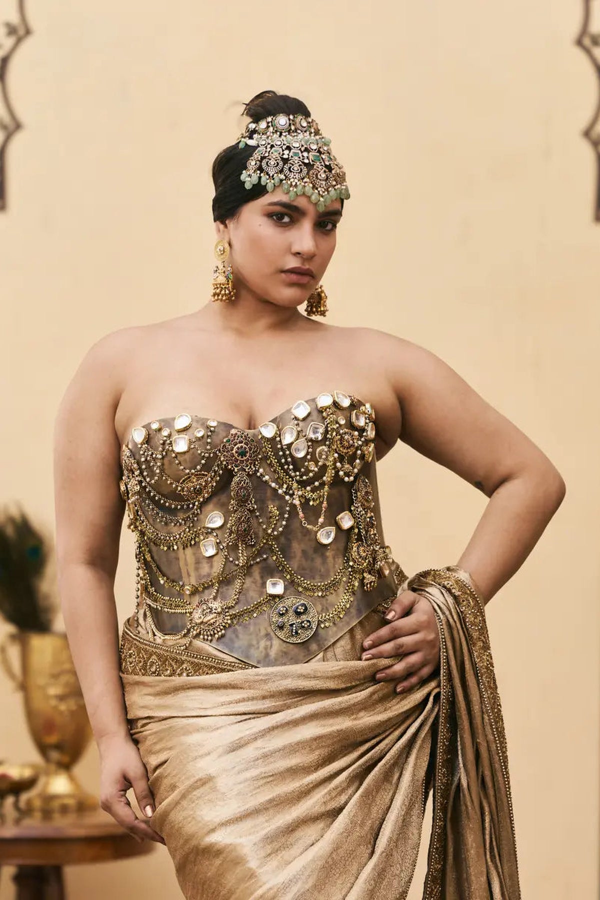 Puratan Tissue Brocade Metal Corset Saree Set