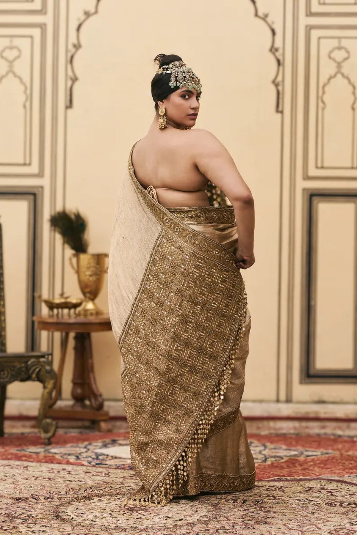 Puratan Tissue Brocade Metal Corset Saree Set