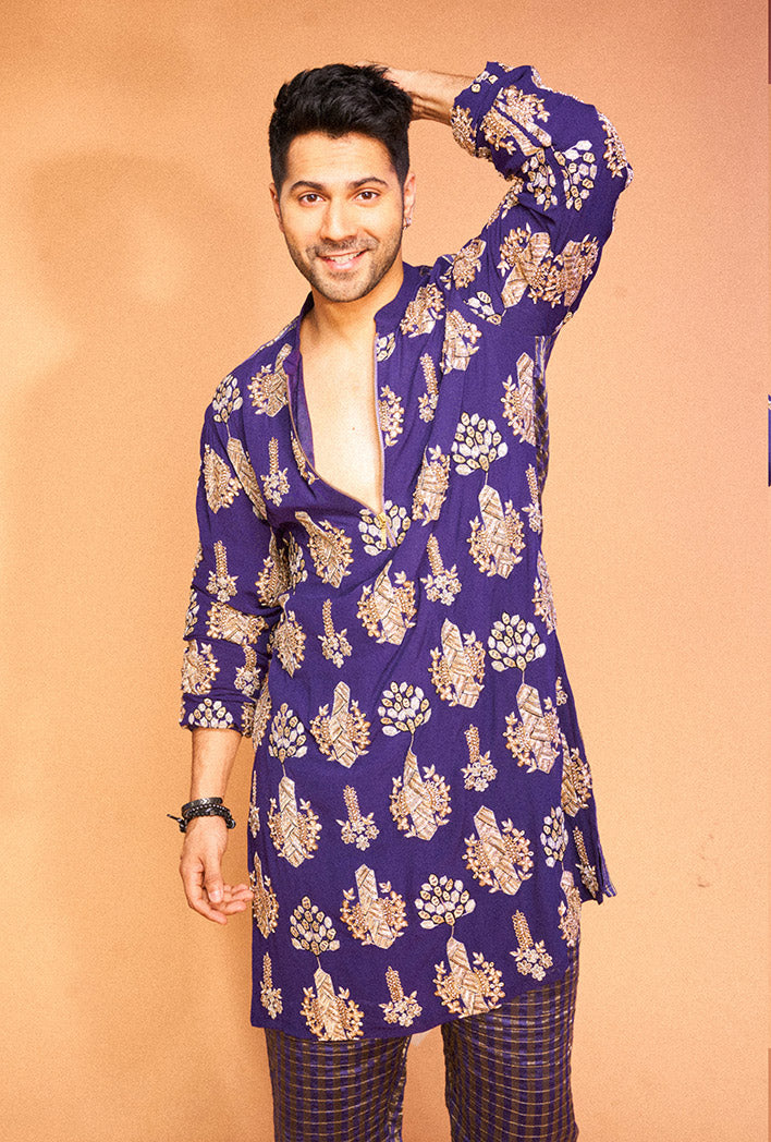 Varun Dhawan in PURPLE COLOUR EMBROIDERED STRIPE KURTA WITH STRIPE JOGGER PANTS