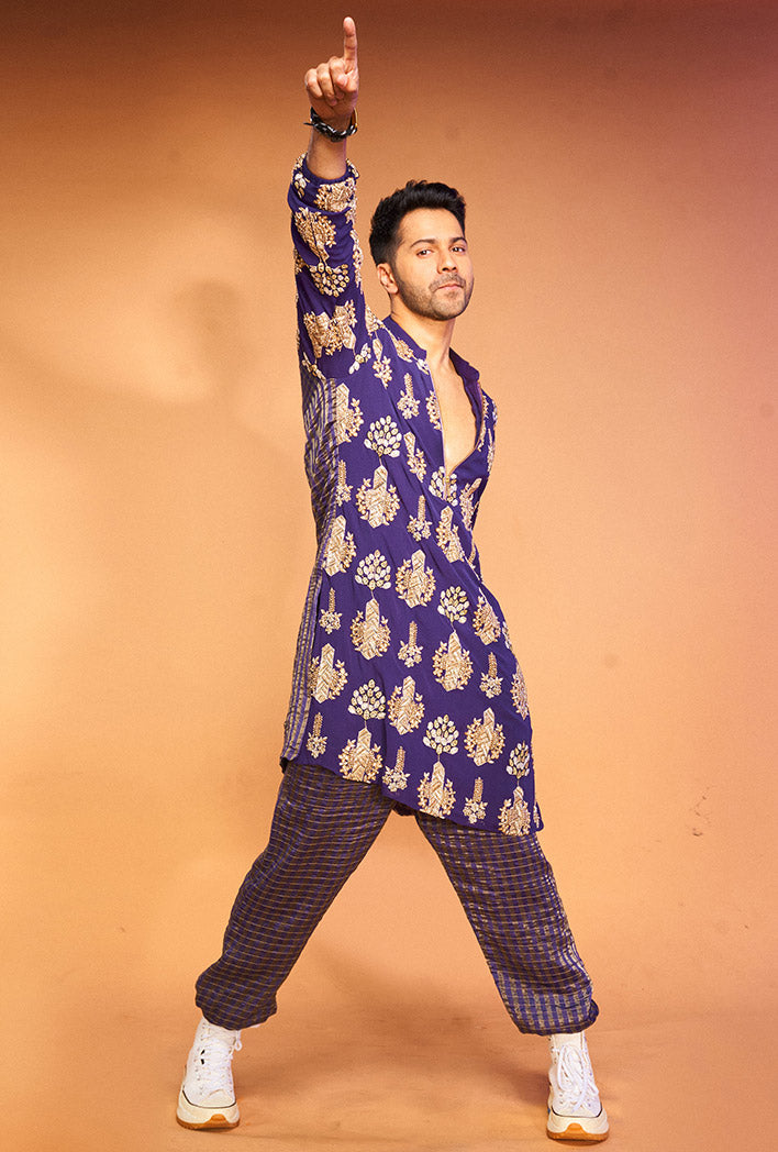 Varun Dhawan in PURPLE COLOUR EMBROIDERED STRIPE KURTA WITH STRIPE JOGGER PANTS