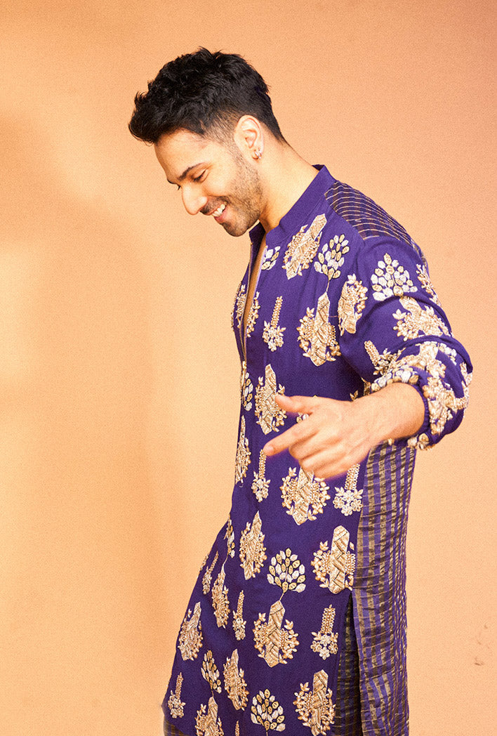 Varun Dhawan in PURPLE COLOUR EMBROIDERED STRIPE KURTA WITH STRIPE JOGGER PANTS