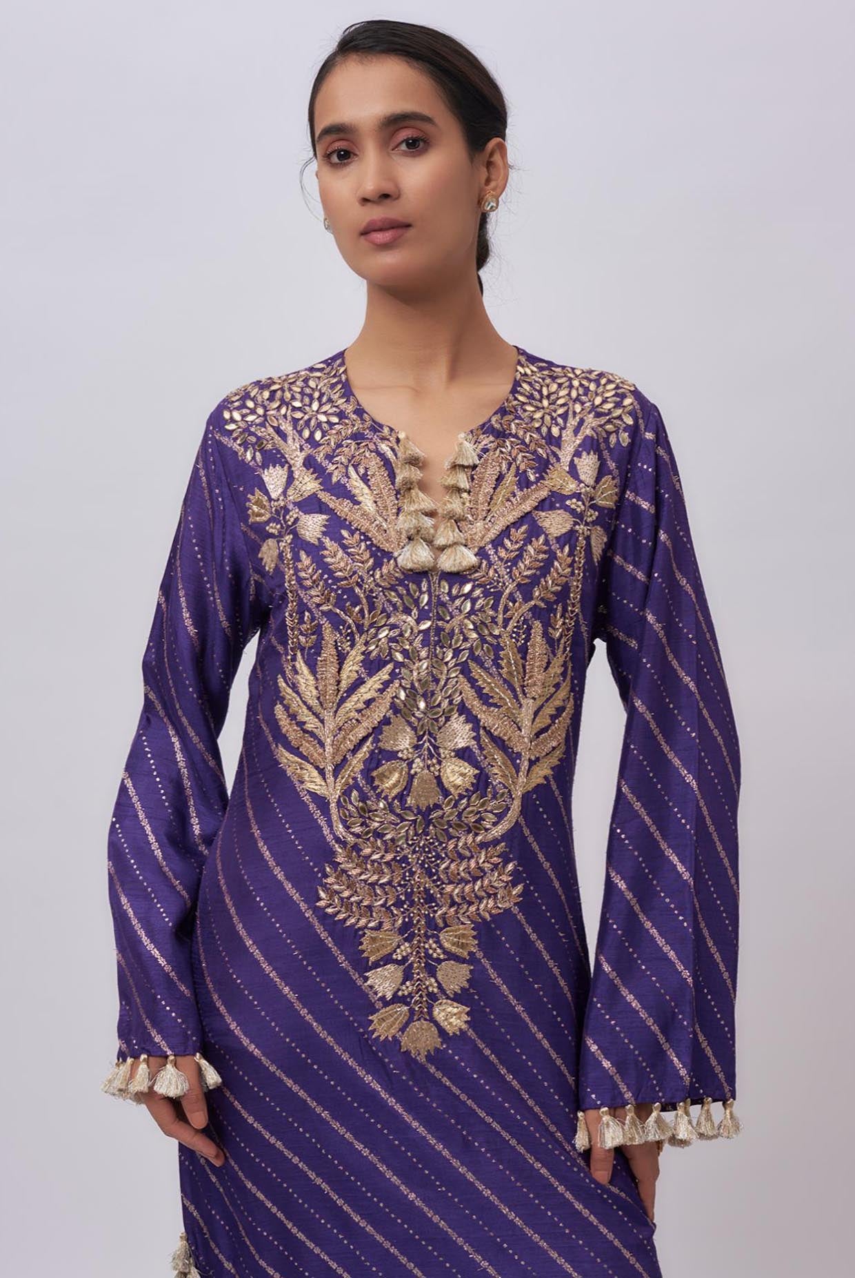Purple Dola Silk Embroidered Kaftan.