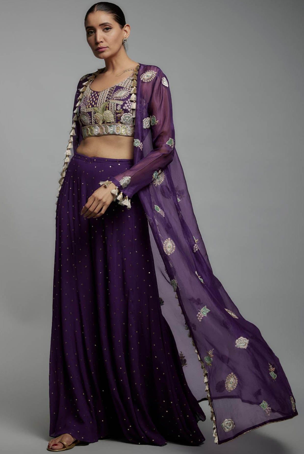 Purple Embroidered Bustier With Embroidered Jacket And Sharara