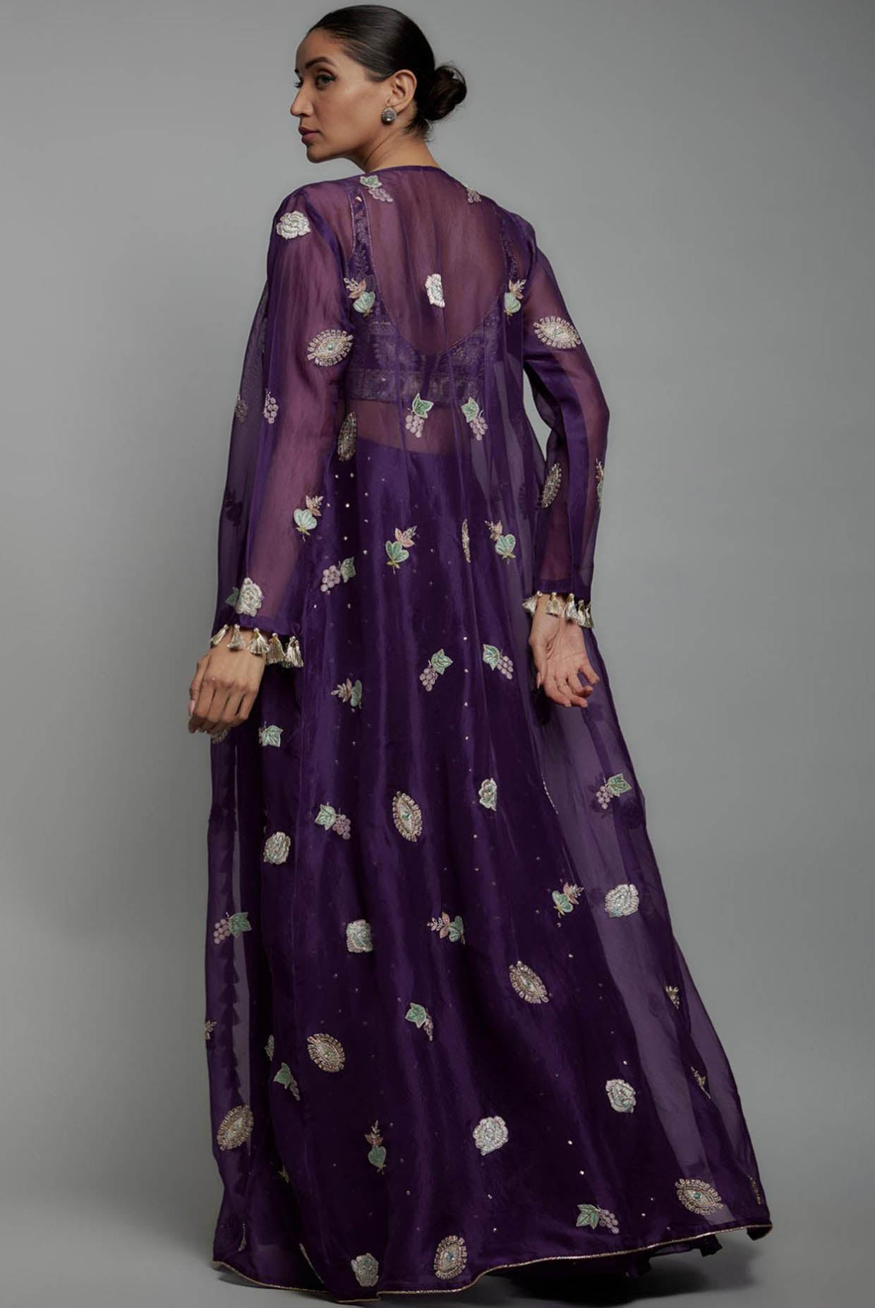 Purple Embroidered Bustier With Embroidered Jacket And Sharara