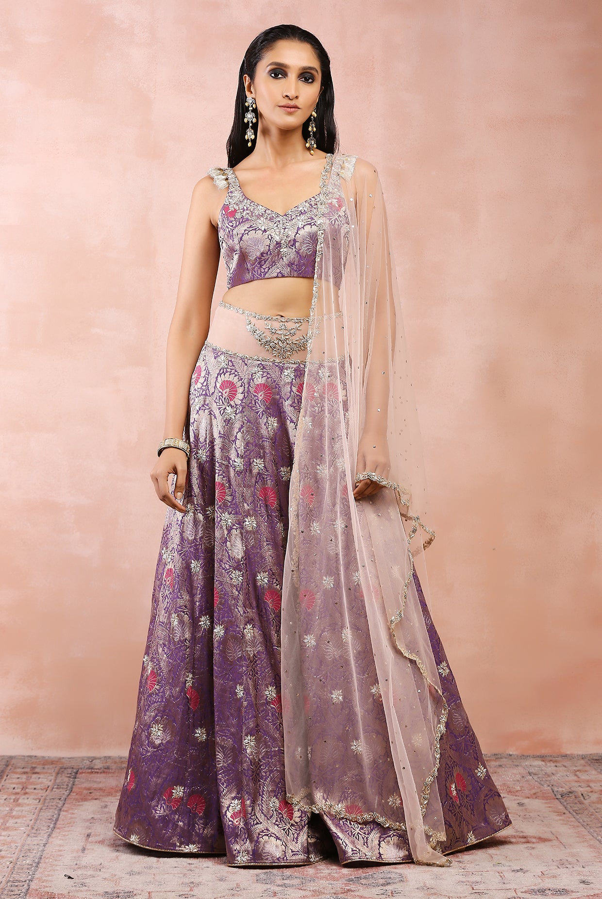 PURPLE EMBROIDERED CHOLI AND LEHENGA WITH ROSE PINK DUPATTA