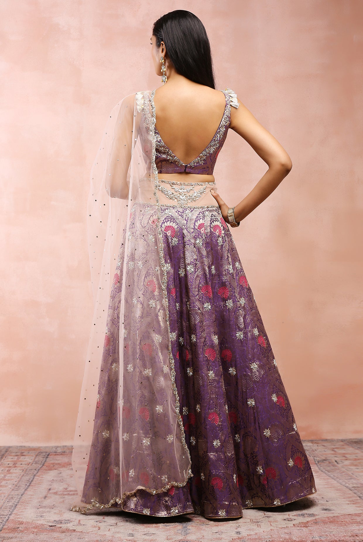 PURPLE EMBROIDERED CHOLI AND LEHENGA WITH ROSE PINK DUPATTA