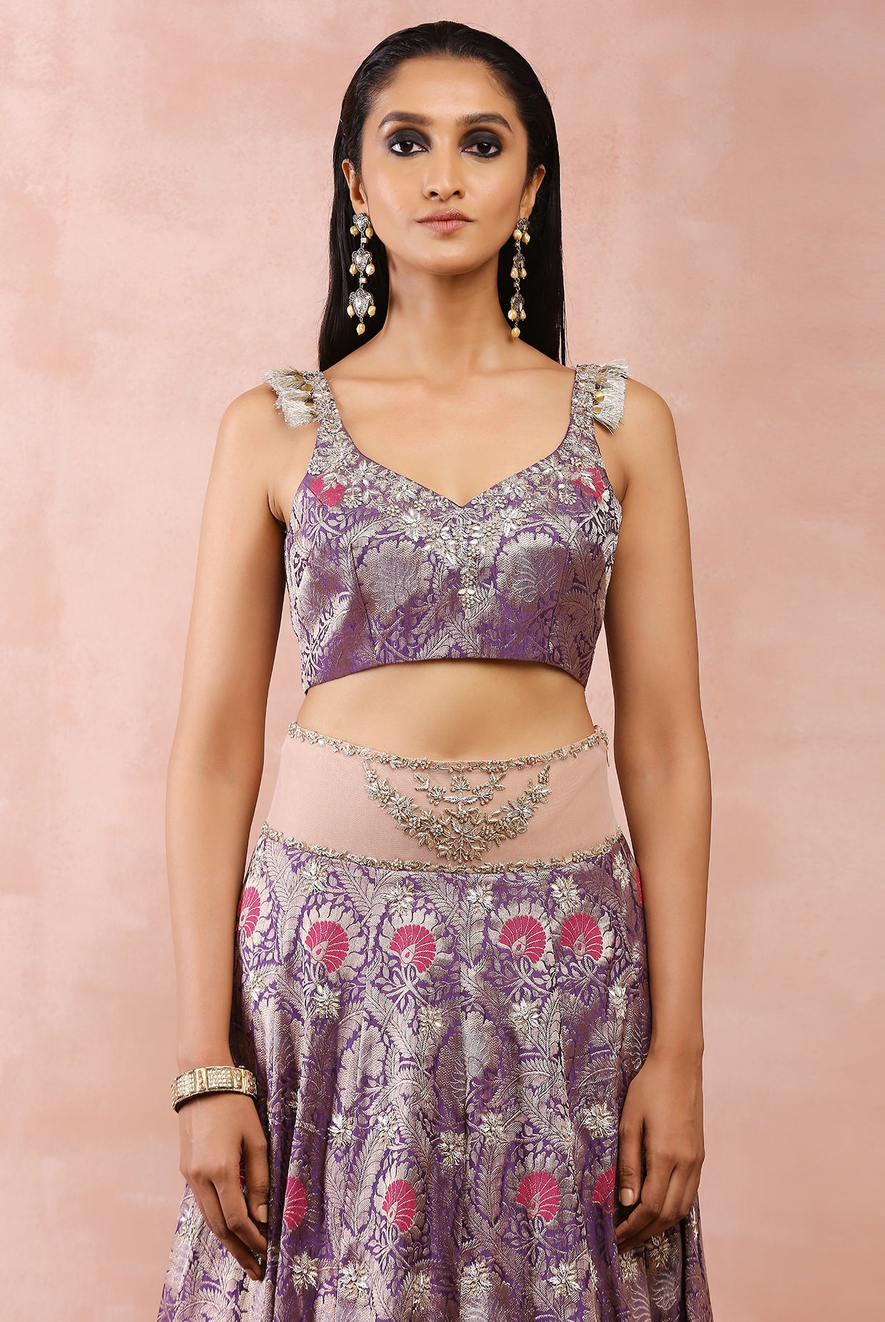 PURPLE EMBROIDERED CHOLI AND LEHENGA WITH ROSE PINK DUPATTA