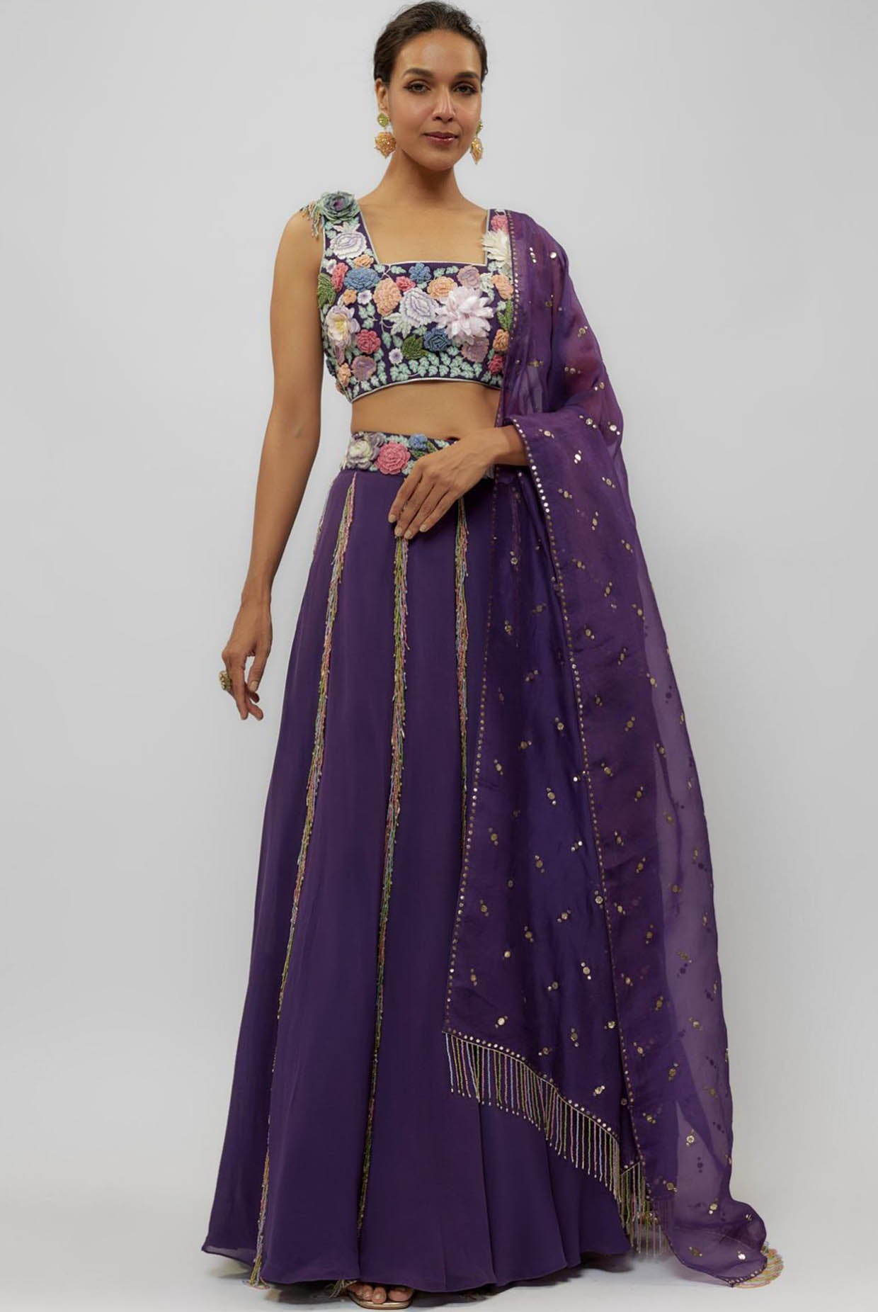 Purple Embroidered Choli With Lehenga And Dupatta