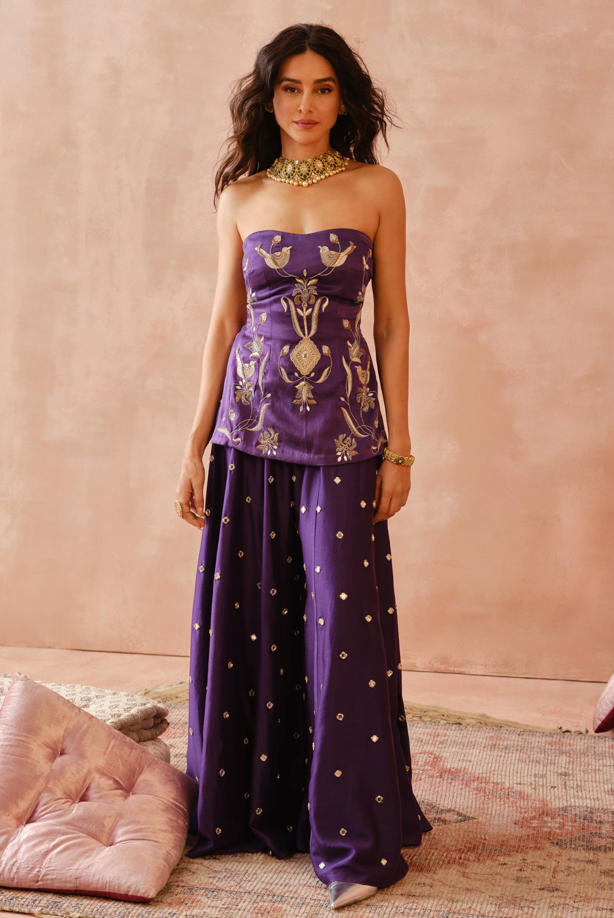 PURPLE EMBROIDERED TUBE BACKLESS KURTA WITH SHARARA AND DUPATTA