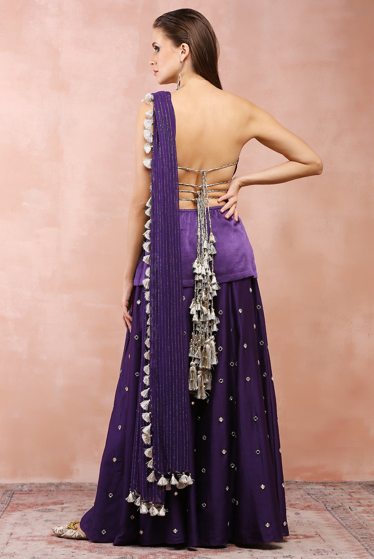 PURPLE EMBROIDERED TUBE BACKLESS KURTA WITH SHARARA AND DUPATTA