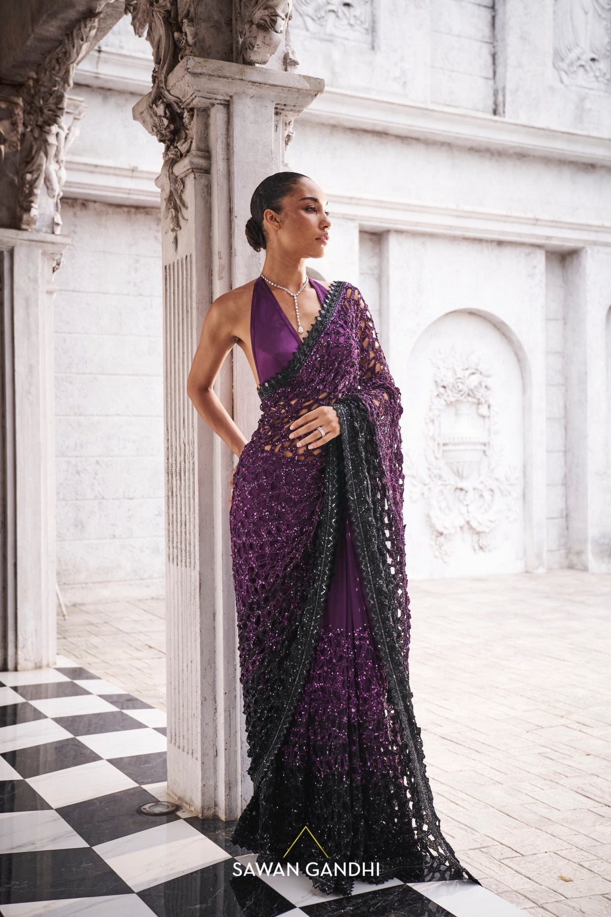 Purple to black ombre cutwork saree