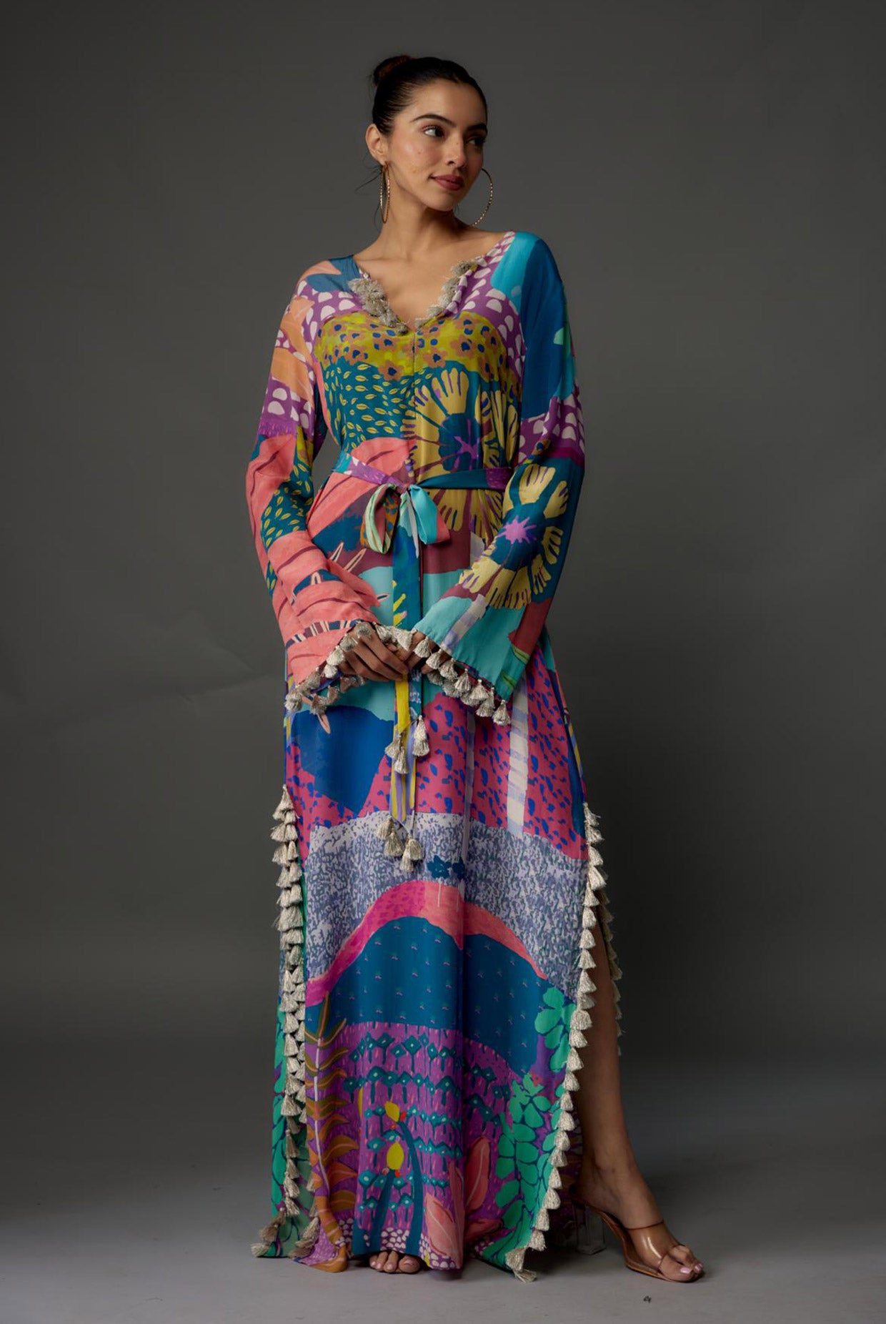 Purple Tropical Print Crepe Long Beyza Kaftan