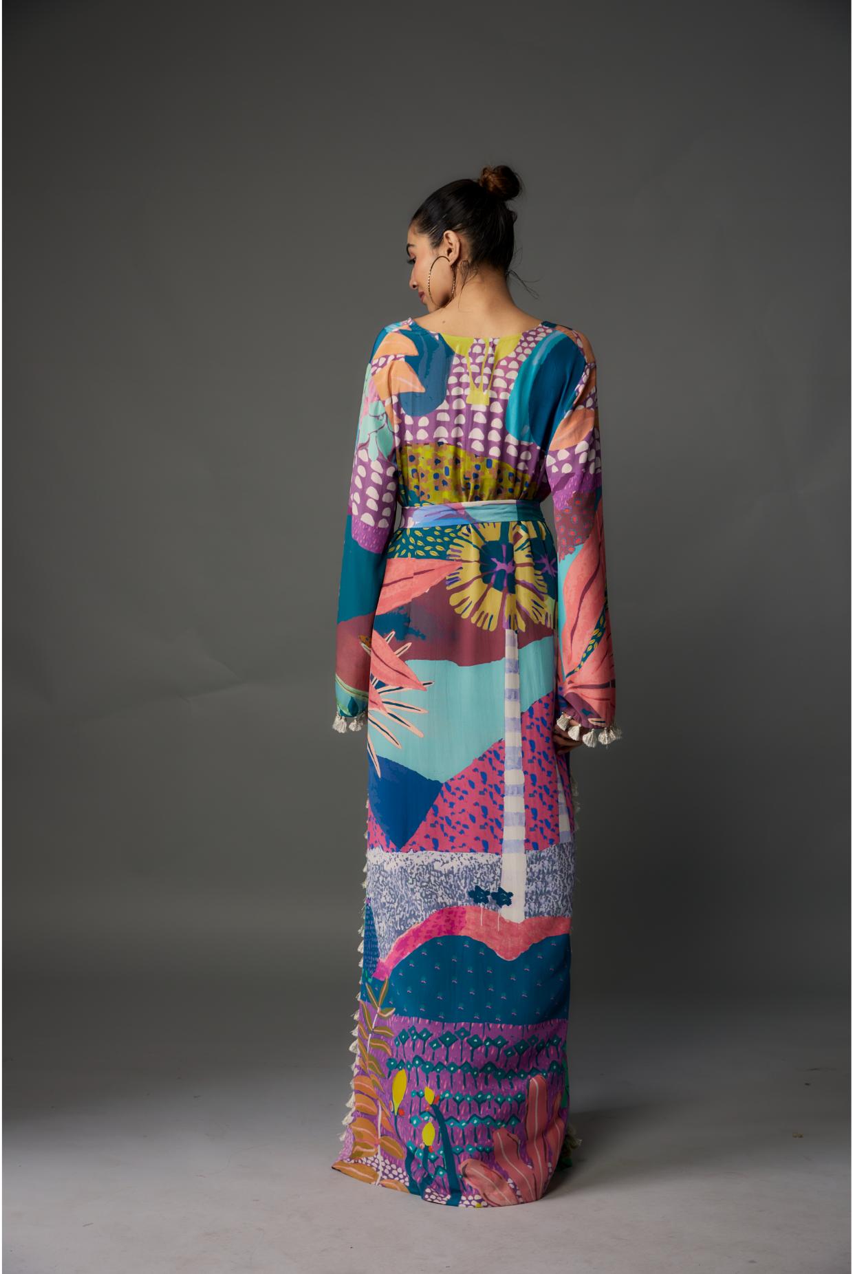 Purple Tropical Print Crepe Long Beyza Kaftan