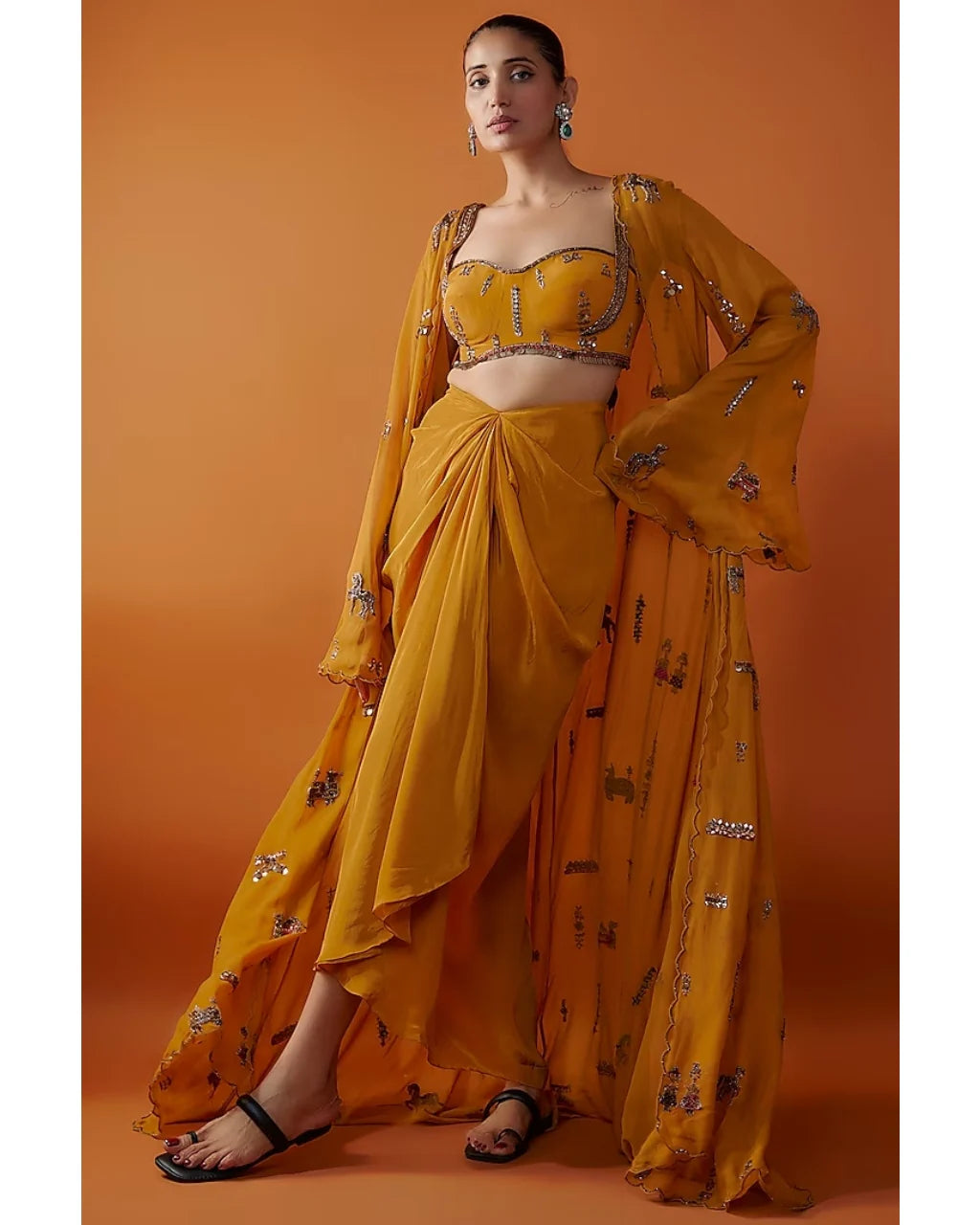 Mustard Drape Skirt And Embroidered Cape Set
